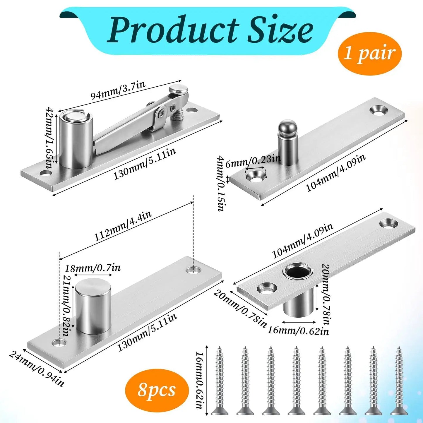 Heavy Duty Hidden Pivot Hinge For Wood Doors Stainless Steel With 360 Degree Rotation and screws, product dimensions shown