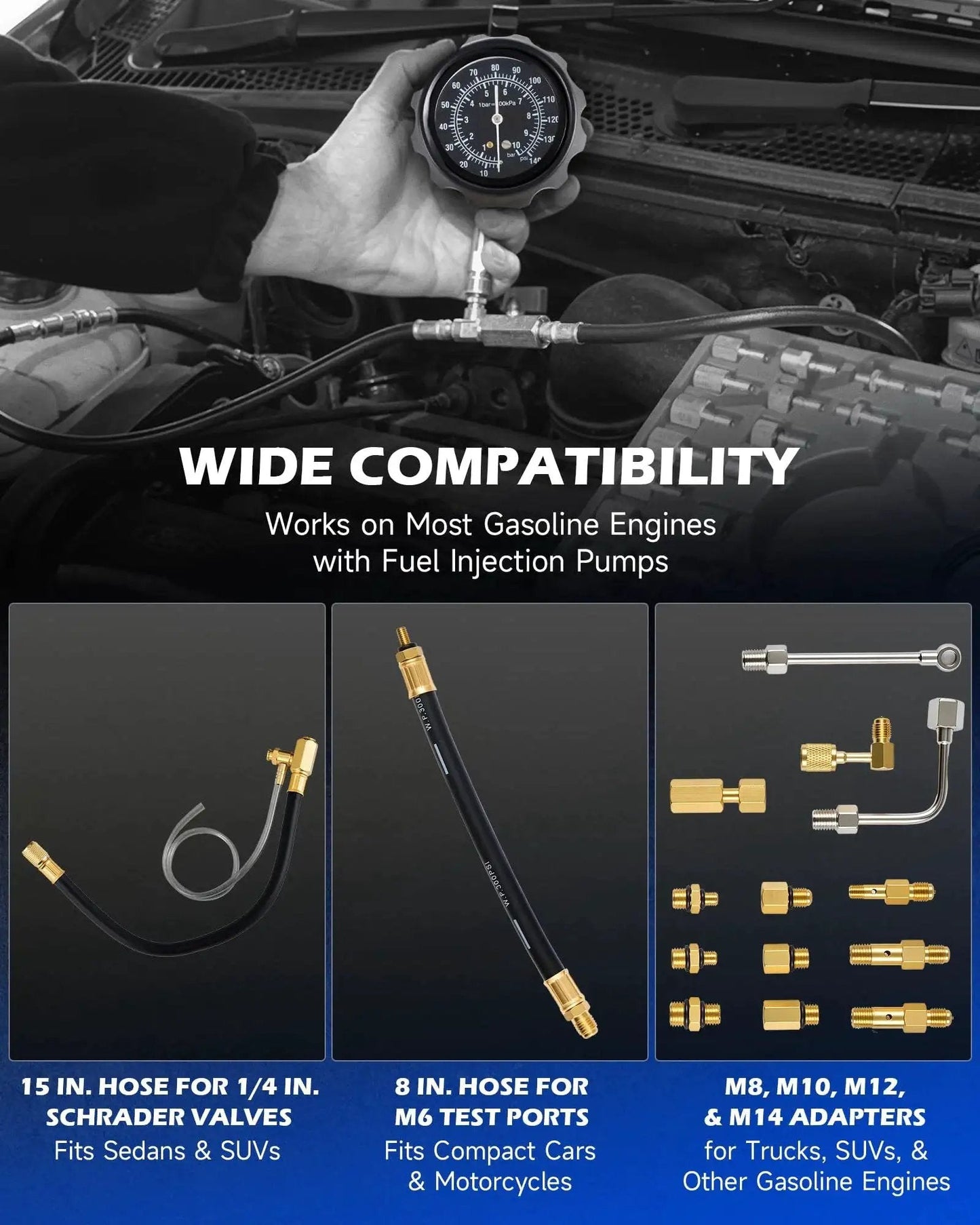 Fuel Pressure Test Kit 0 To 140 PSI with hoses and adapters for cars and trucks, shown with various connectors and adapters.