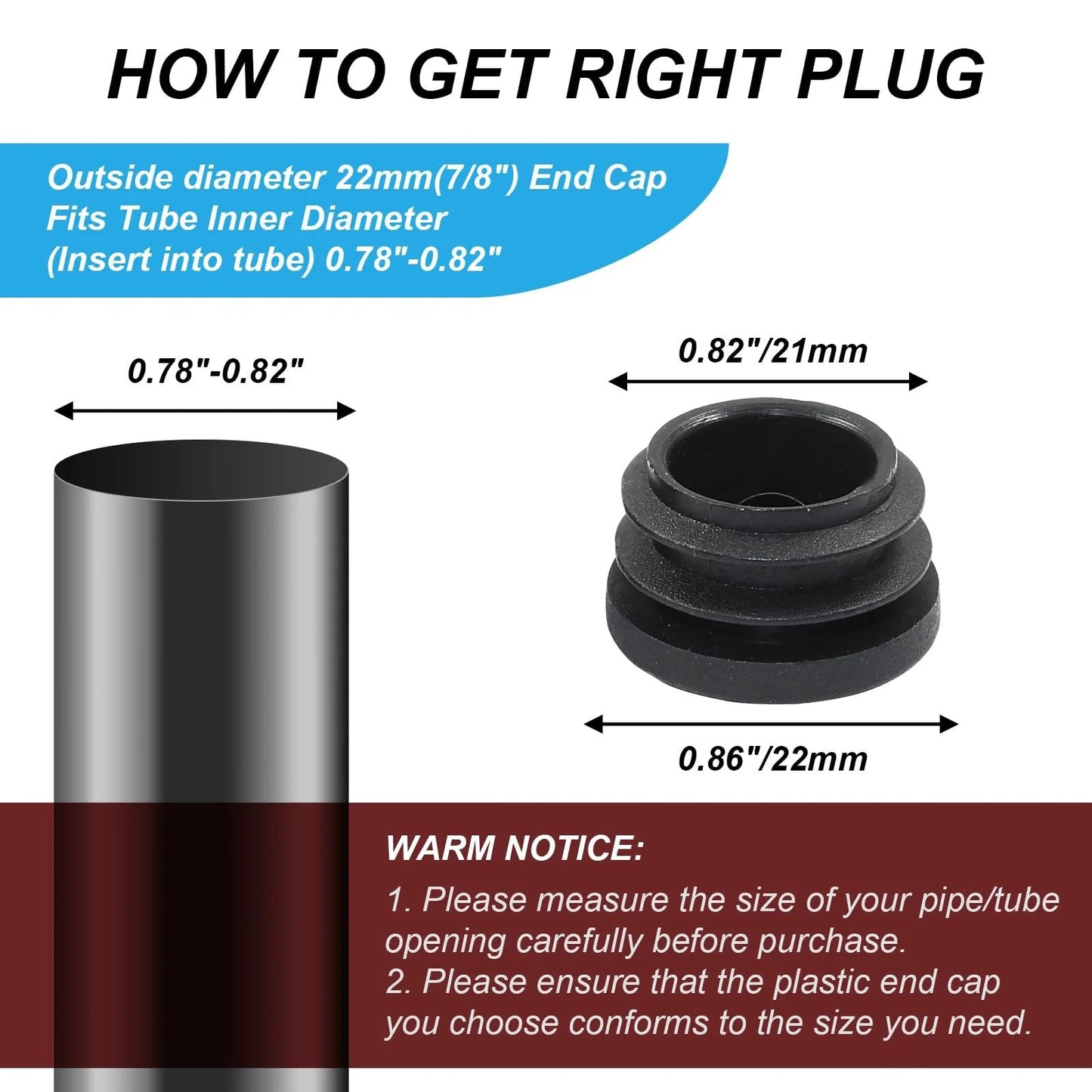 Diagram showing round plastic plug end caps for tubing, focus on size 0.78-0.82 inch, with installation notice. Twenty Pack Seven Eighths Inch Round Plastic Plug End Caps For Furniture Tubing Fit Inner Diameter 0.78 To 0.82 Inch Black Durable PE Suitable For DIY Projects Home Improvement And Industrial Use.