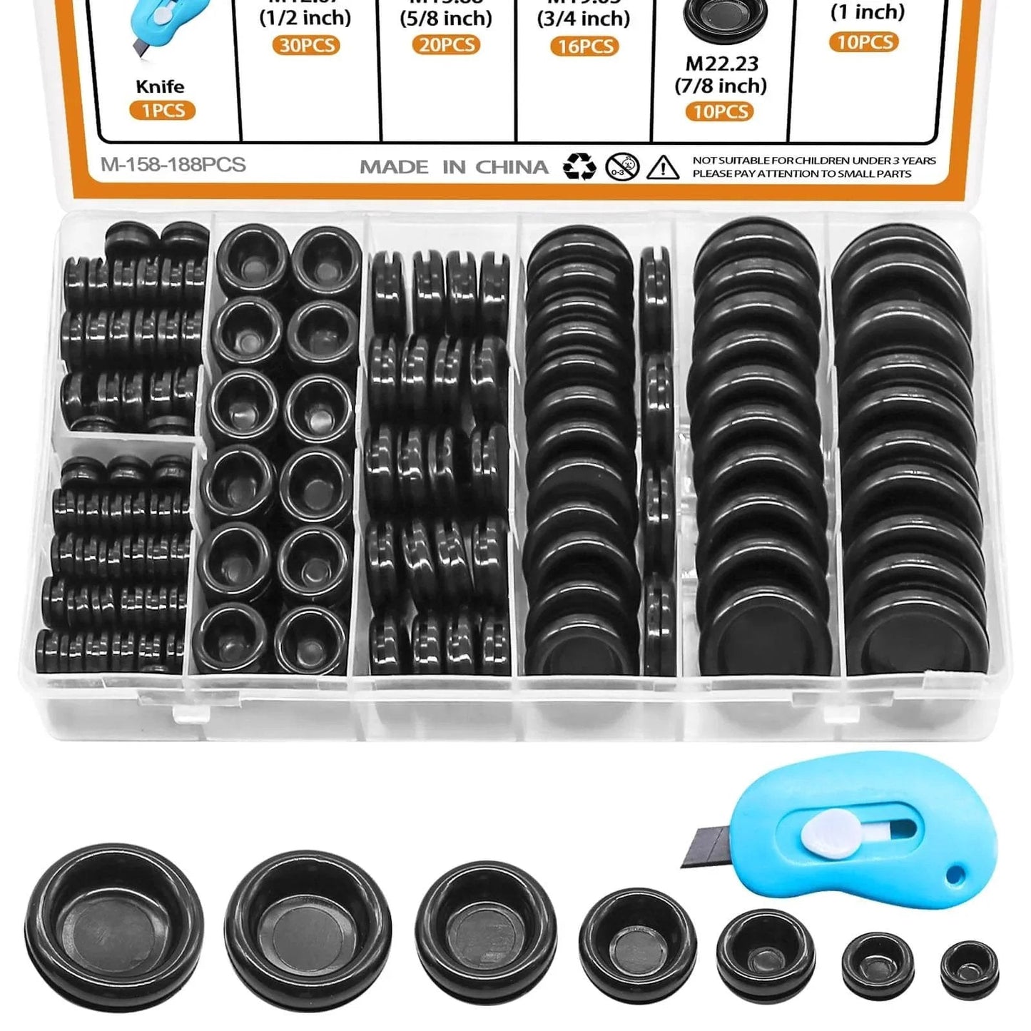 188-piece closed rubber grommet kit with firewall hole plugs assortment in seven sizes and retractable knife
