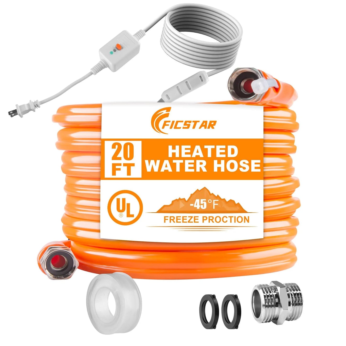 Heavy Duty Twenty Foot Heated RV Water Hose With Self Reg Thermostat For Freezing Conditions Down To Minus Forty Five Fahrenheit Antifreeze Safe Drinking Water Hose BPA Free No Odor Five Eighth Inch Inner Diameter With Three Quarter Inch GHT Adapter coiled with thermostat control.