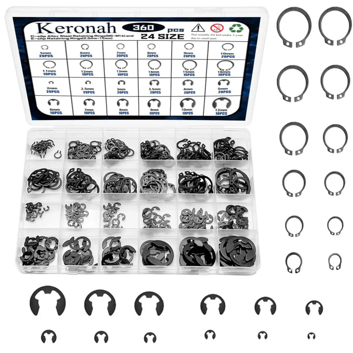 Alloy Steel E Clips And External Retaining Rings Kit Set Keronah With 360 Pieces In 24 Sizes from 2mm to 12mm and M5 to M16