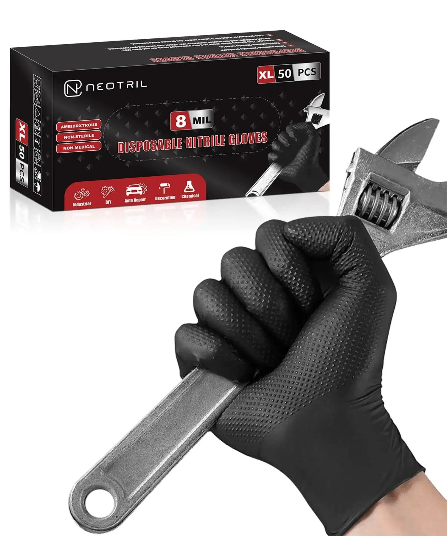 8 Mil Heavy Duty Nitrile Gloves With Diamond Grip Powder Free Black 50 Pack holding a wrench, with product box in background