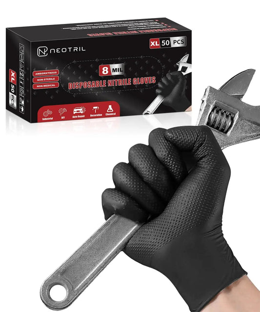 8 Mil Heavy Duty Nitrile Gloves With Diamond Grip Powder Free Black 50 Pack holding a wrench, with product box in background