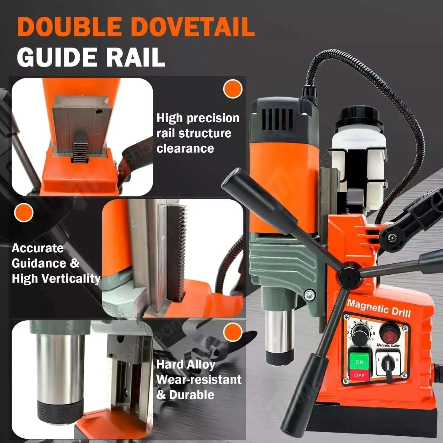 Workhorse 1400W Magnetic Drill Press With 2 Inch Capacity And 810 RPM Stepless Speed Reversible Direction 13000N Magnetic Force For Metalworking DIY Projects And Home Improvement showing double dovetail guide rail for precision and durability