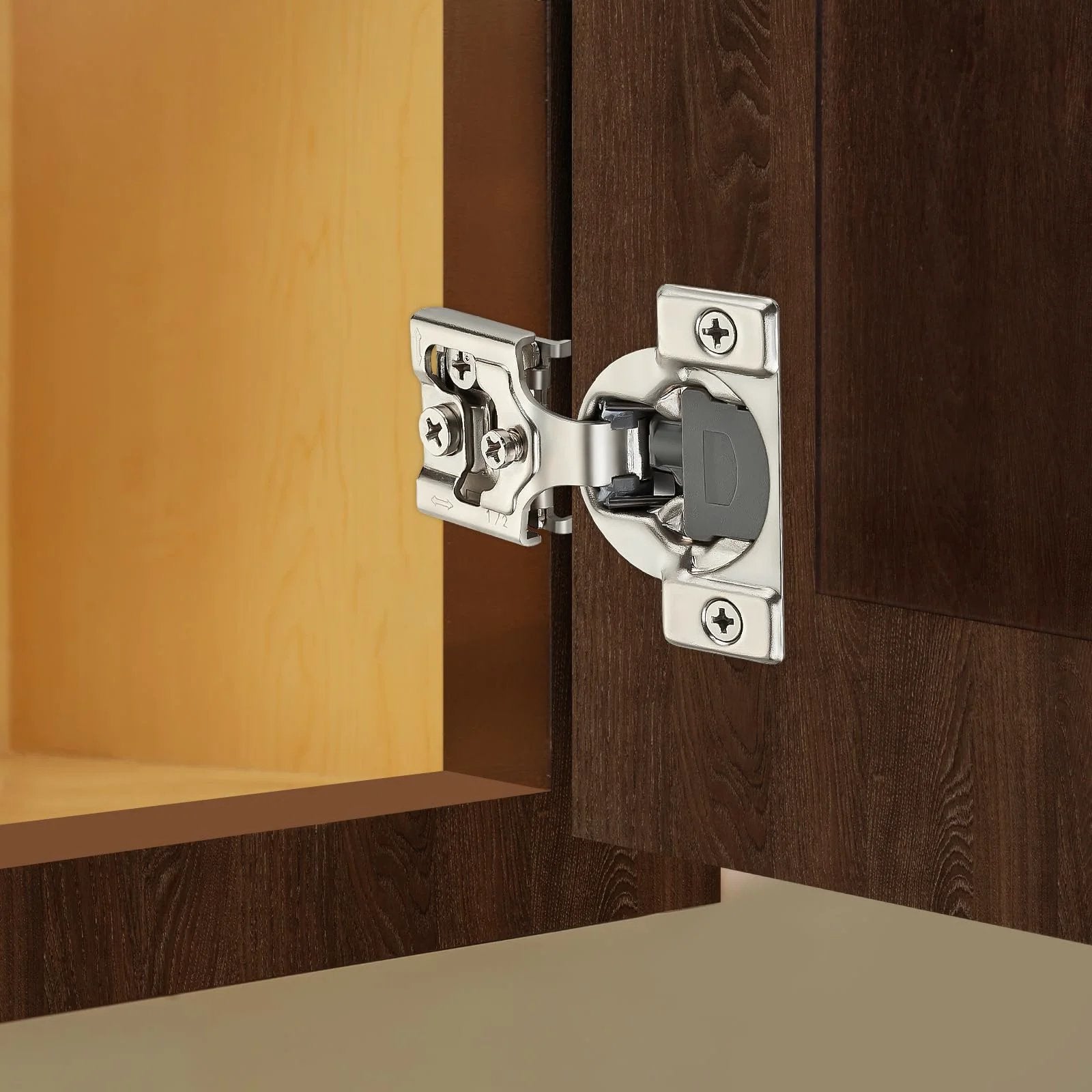 10 Pack Half Inch Overlay Soft Close Cabinet Hinges Satin Nickel Stainless Steel Concealed Hinges With 3D Self Closing for Face Frame Doors and Kitchens installed