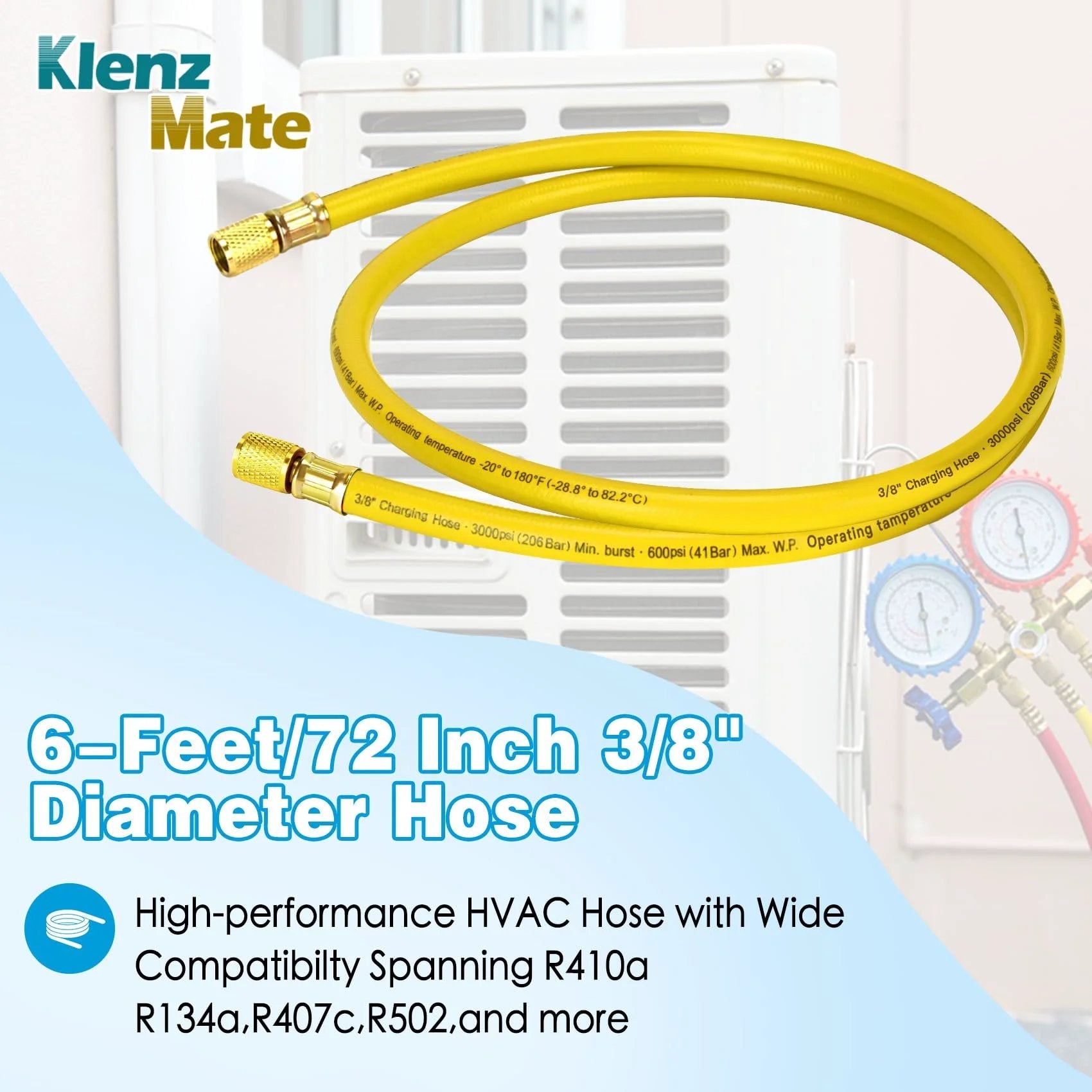 72 Inch 3/8 Inch HVAC Vacuum Hose Pro Grade With Standard 3/8 X 3/8 Flare Fittings Low Resistance High Flow