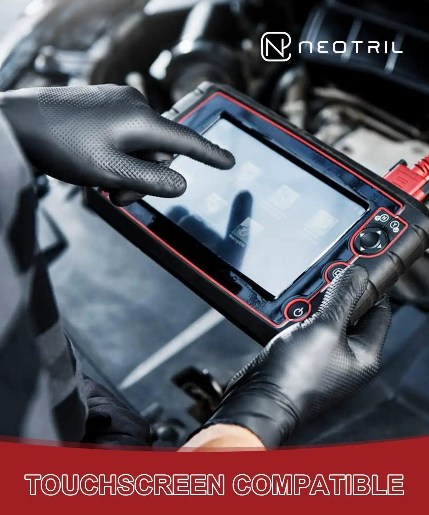 Mechanic using touchscreen with 8 Mil Heavy Duty Nitrile Gloves With Diamond Grip Powder Free Black 50 Pack