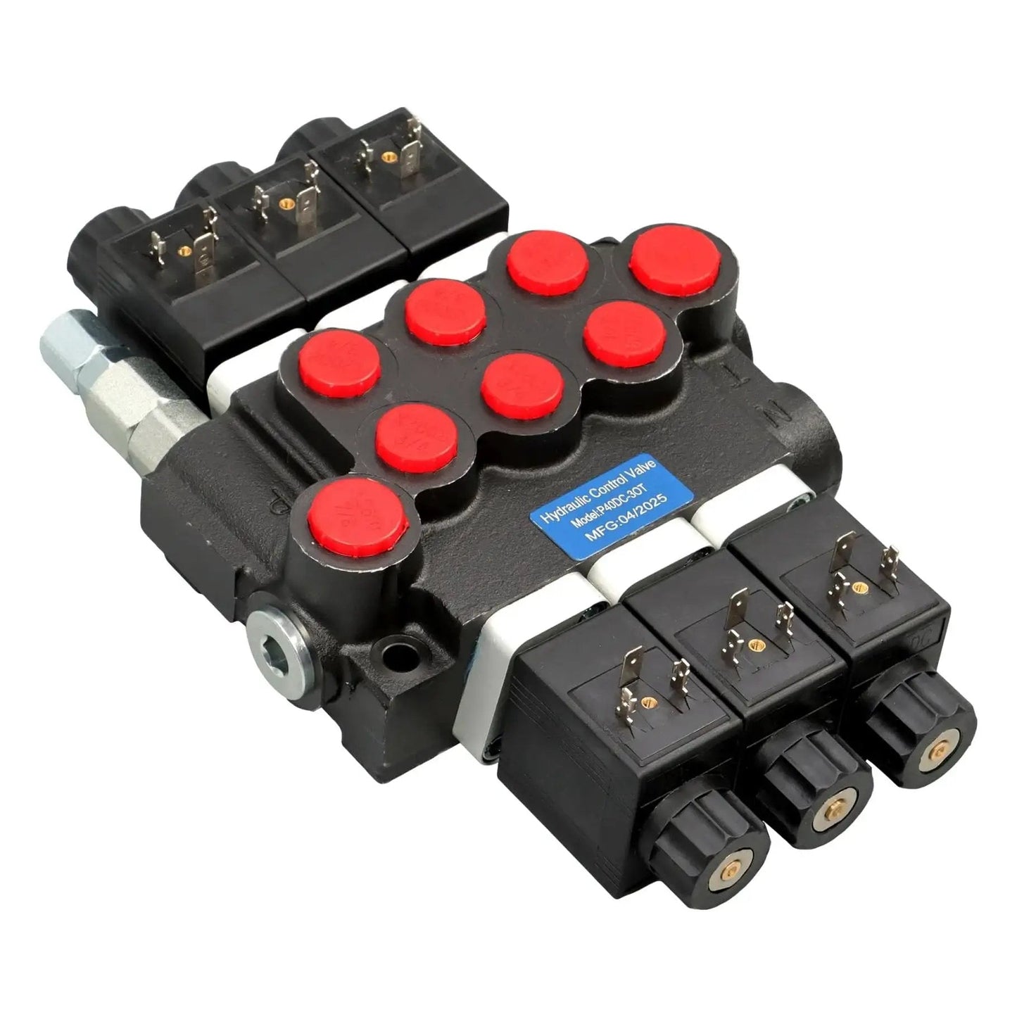 Heavy Duty 3-Spool Hydraulic Control Valve Solenoid 12V DC with 13 GPM flow at 3600 PSI, double acting inlet outlet port 7/8-14 and working port 3/4-16.
