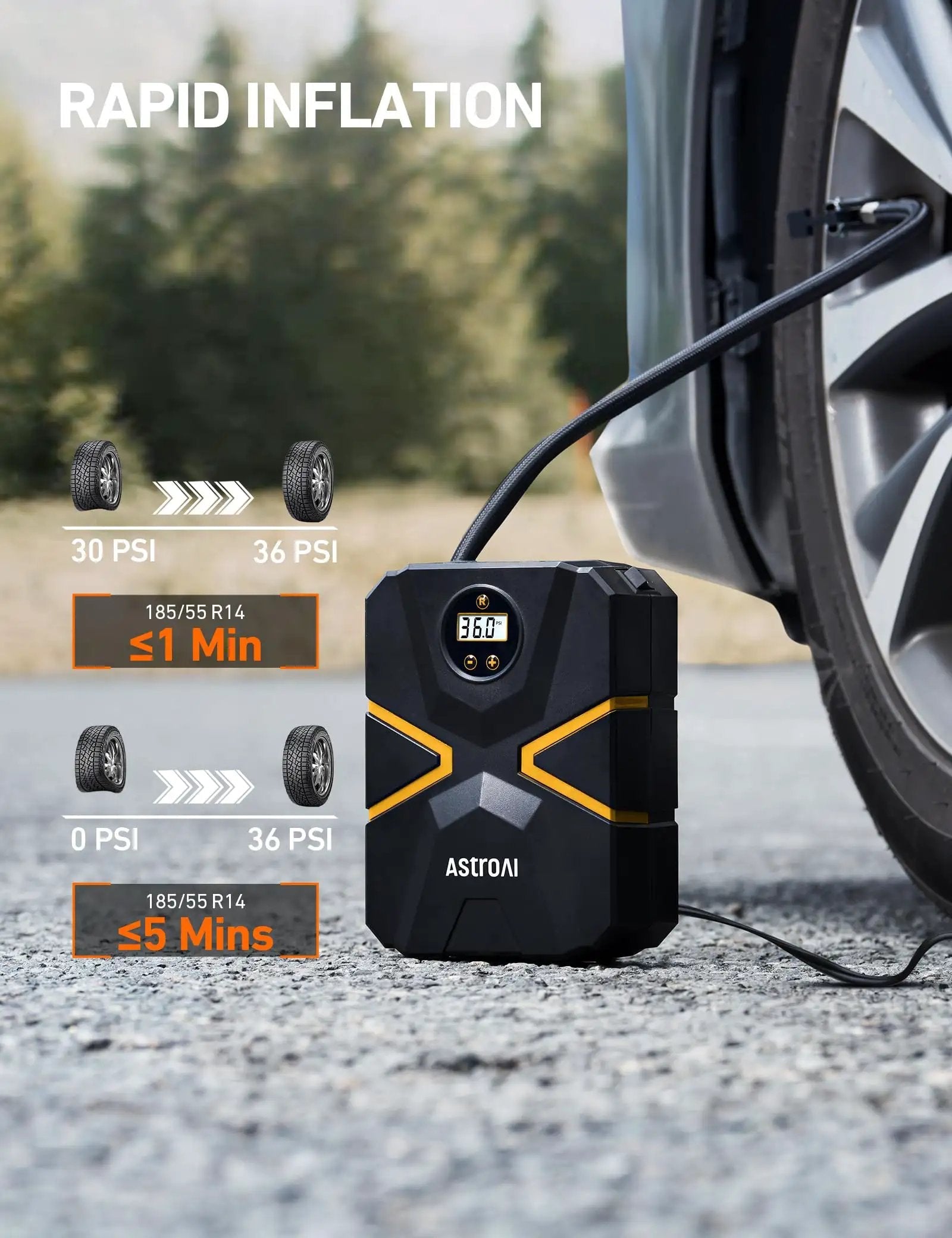 Portable Tire Inflator With Digital Display And Auto Shutoff 12V DC Car Air Pump 150 PSI Preset Pressure For Cars Bikes Motorcycles Inflatables And More on a road beside a car tire.