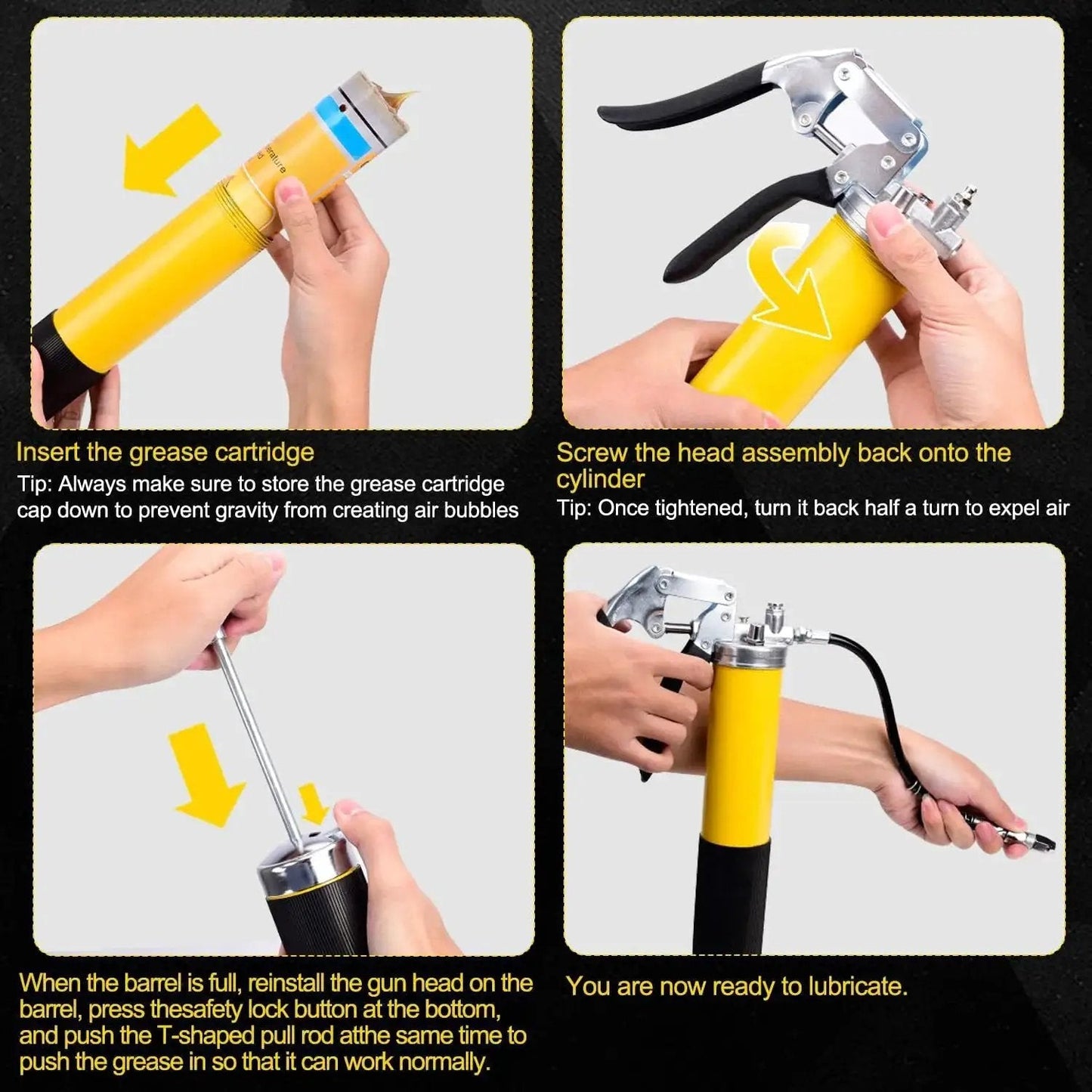 Instructions for using Heavy Duty Grease Gun Kit With 8000 PSI Max, 14 Oz Capacity, 18 Inch Resin Flex Hose, Double Handle Coupler