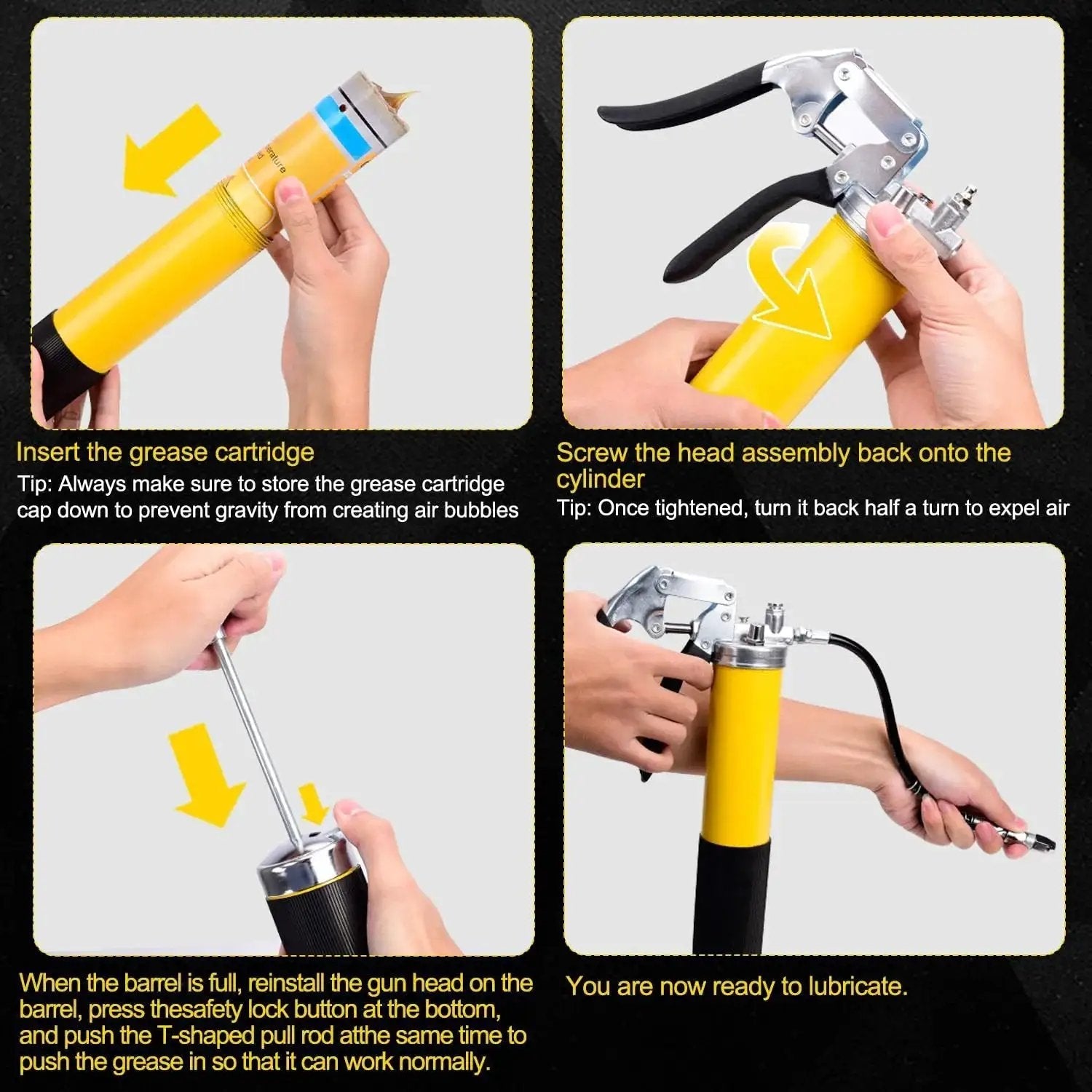 Instructions for using Heavy Duty Grease Gun Kit With 8000 PSI Max, 14 Oz Capacity, 18 Inch Resin Flex Hose, Double Handle Coupler
