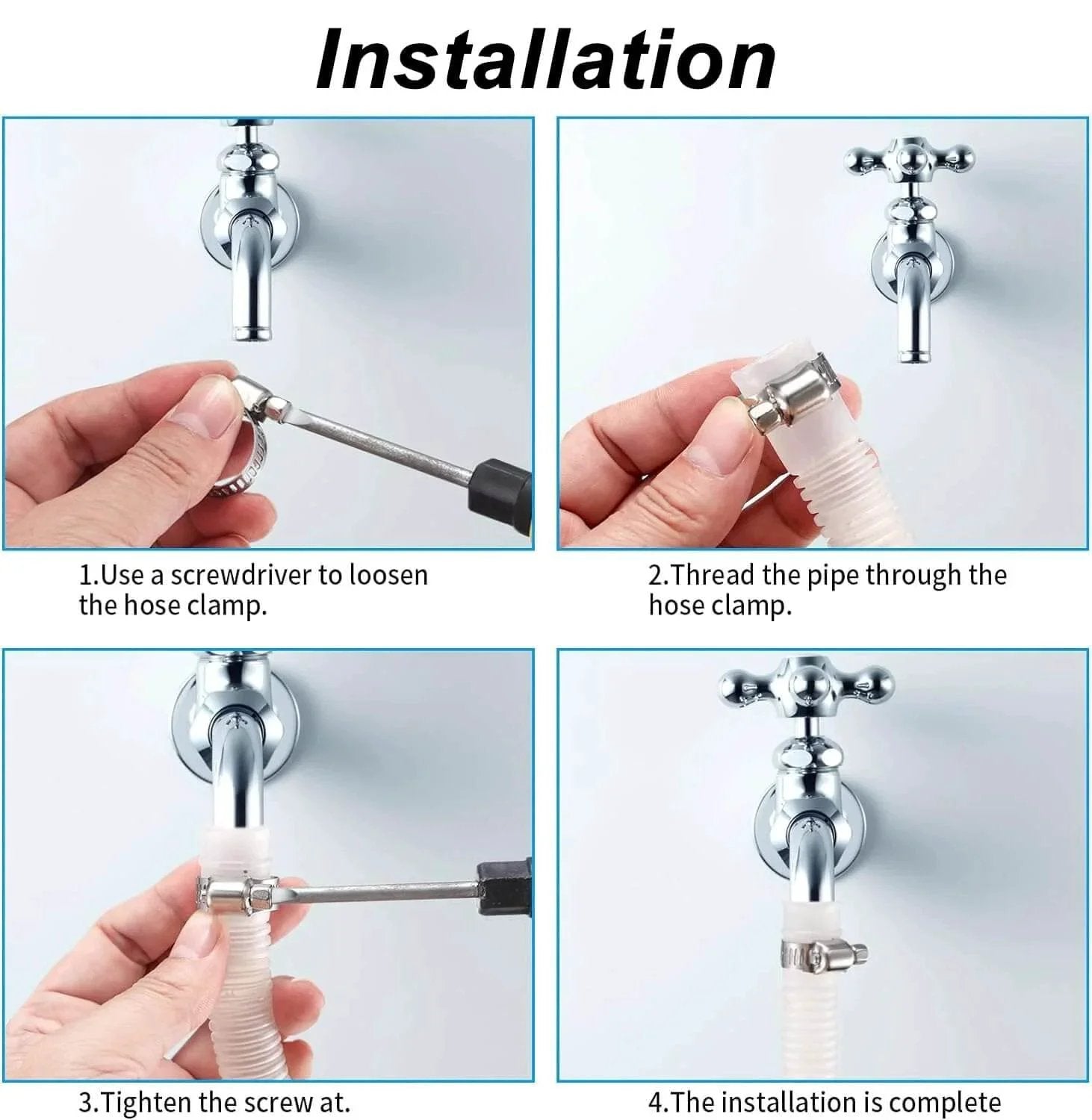 20Pcs Adjustable Stainless Steel Hose Clamps Assortment Kit For One Quarter Inch To Two Inch Clamps 6 To 51 Mm Worm Gear Pipe Clips Heavy Duty For Plumbing Washing Machines Automotive Garden And Mechanical Hose Connections installation guide with step-by-step images showing use of screwdriver and clamp on piping.