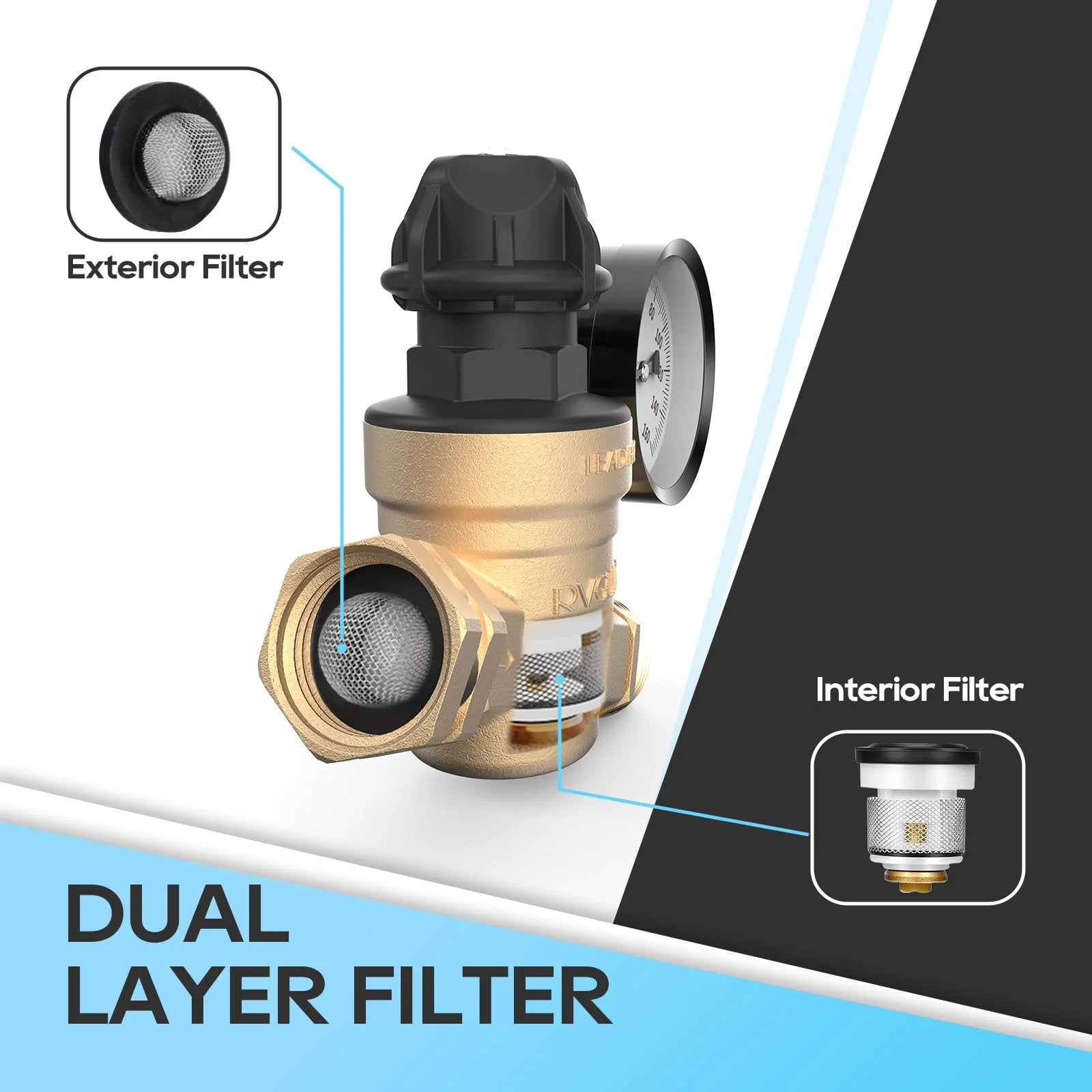 Adjustable Knob RV Water Pressure Regulator Valve By RVGUARD Tool Free Lead Free Brass Reducer With Gauge And Inlet Screen Filter, showing dual layer filter