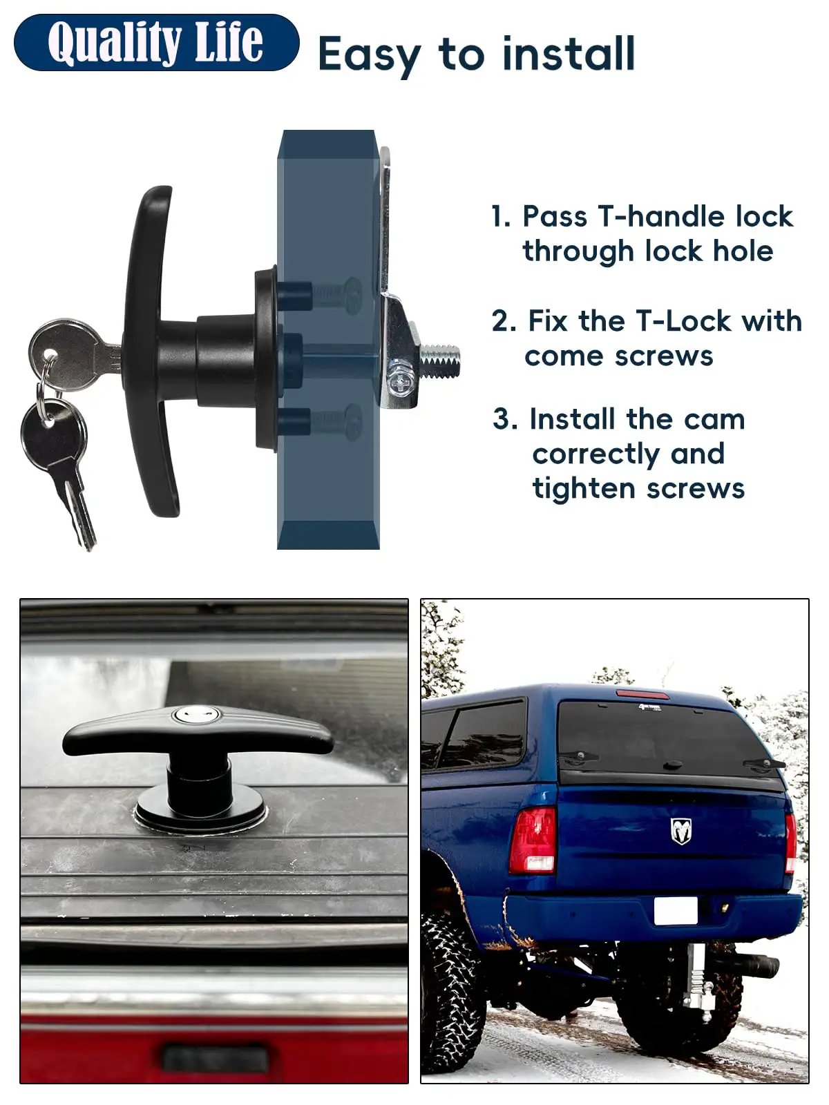 Truck Cap Camper Shell T Handle Lock Latch Replacement Kit With Keys Left And Right Pair for Truck Bed Topper Doors Durable Black Finish Easy Install, close-up view of the lock and truck bed.