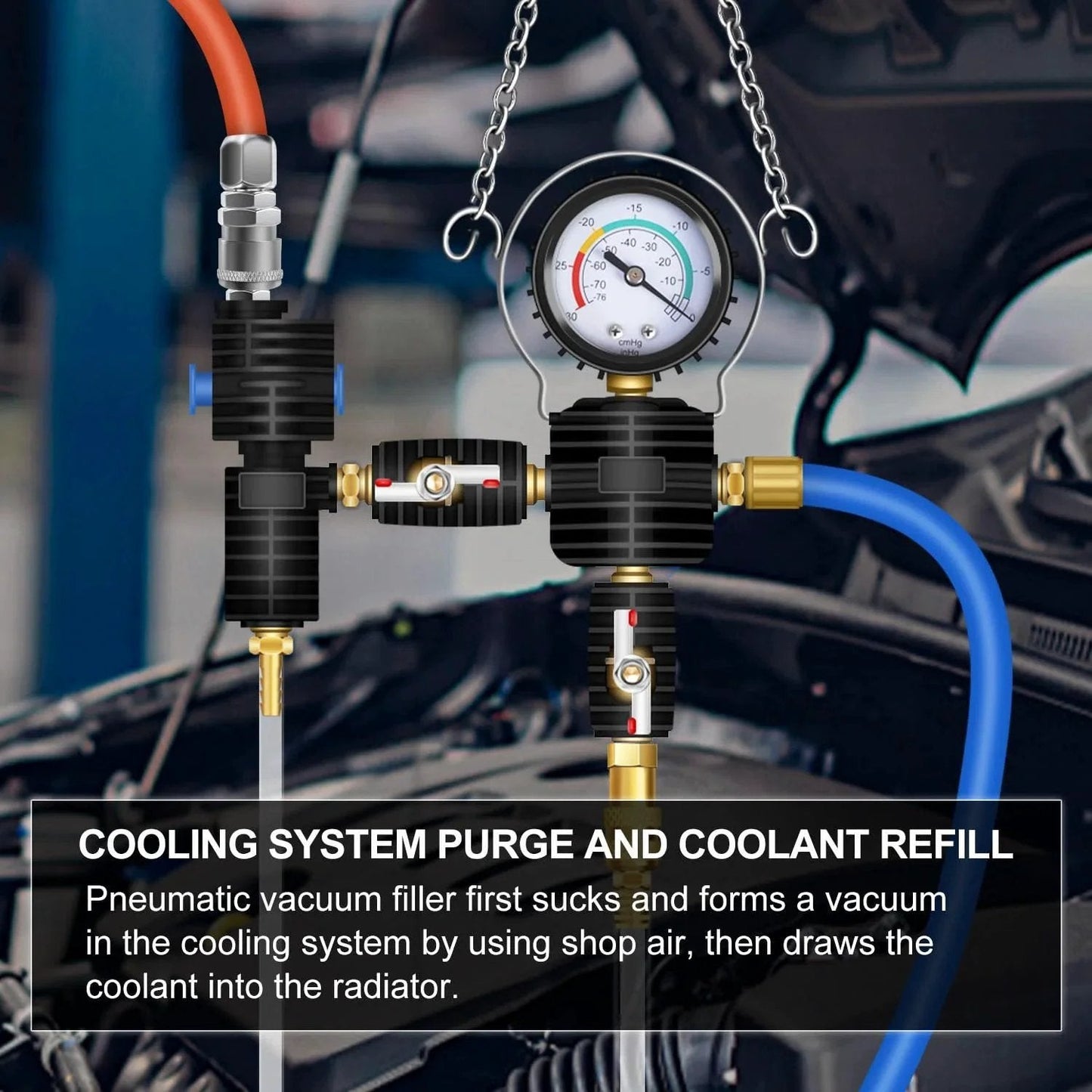 All In One Radiator Coolant Pressure Tester and Vacuum Refill Tool Kit with gauge and hoses in automotive setting