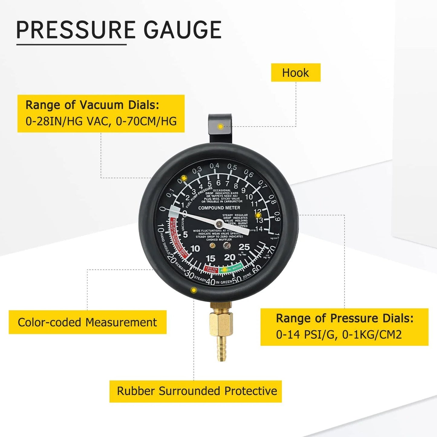 DIY Vacuum And Fuel Pump Tester Gauge Kit For Cars And Trucks, Carburetor Pressure Diagnostics Tool Set, pressure gauge close-up