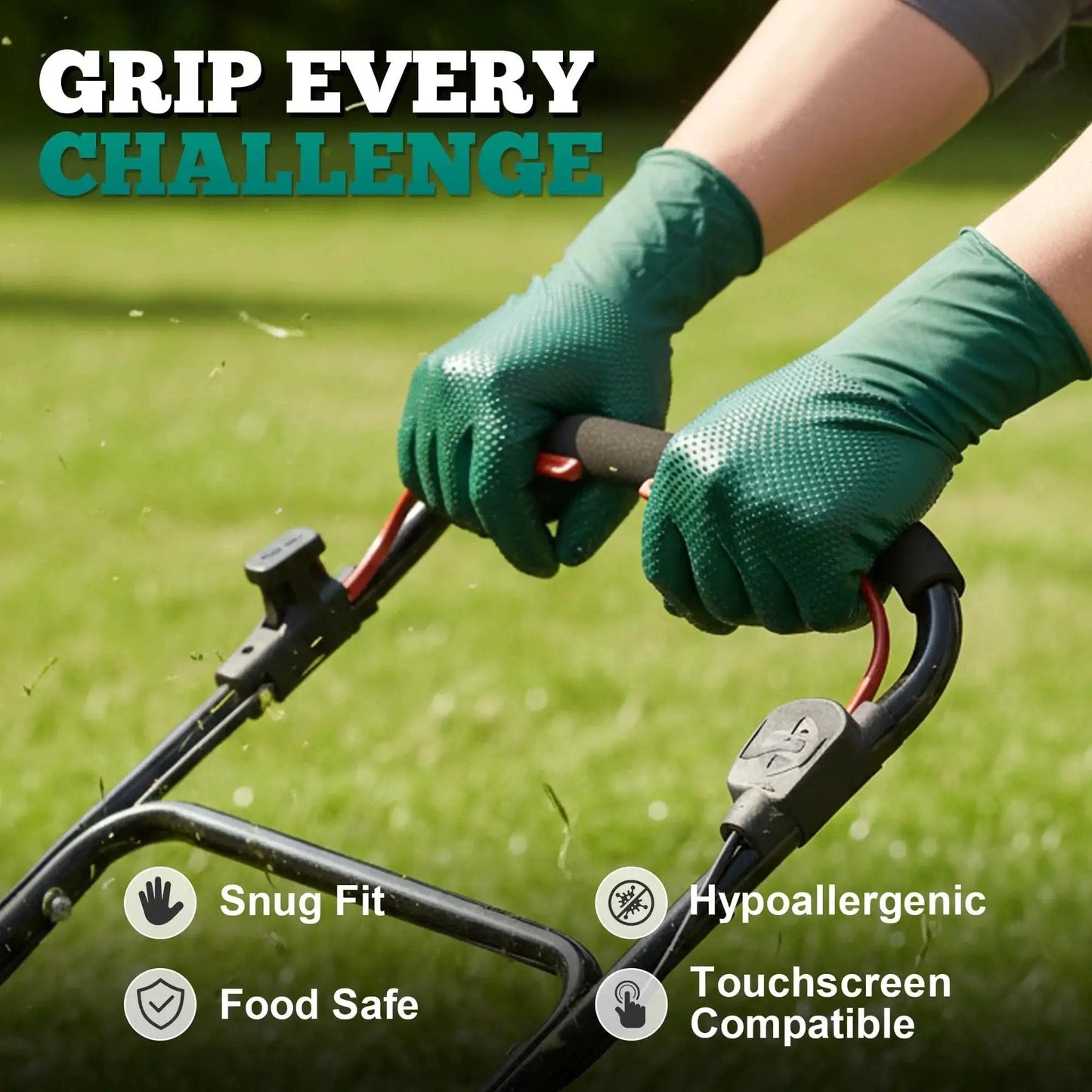 Person using lawn mower wearing Heavy Duty 8 Mil Nitrile Gloves With Raised Diamond Grip Dark Green Latex Free