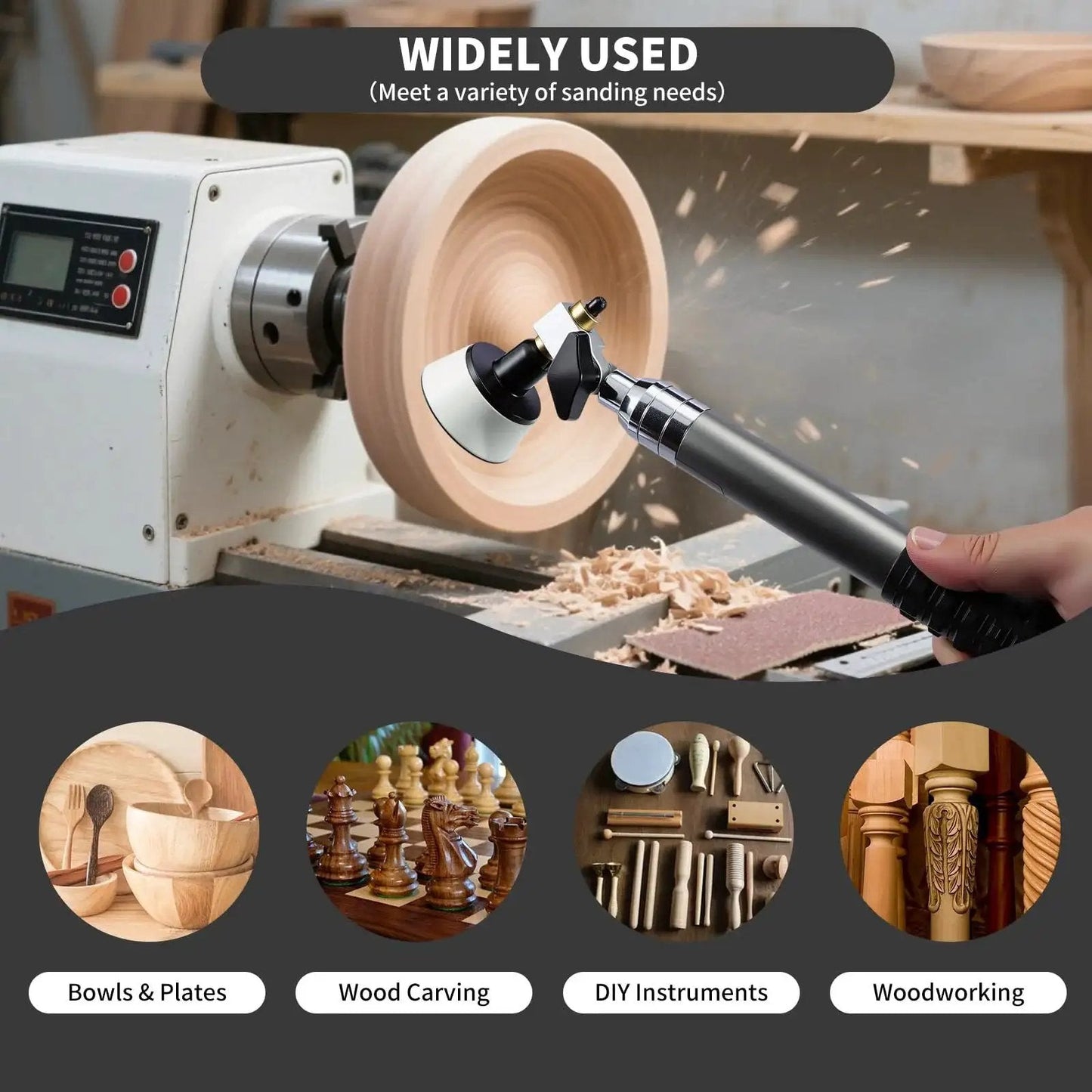 Pro Grade Dual Bearing Bowl Sander Tool Kit For Lathes With 1 Inch To 3 Inch Hook And Loop Sanding Discs in use on lathe