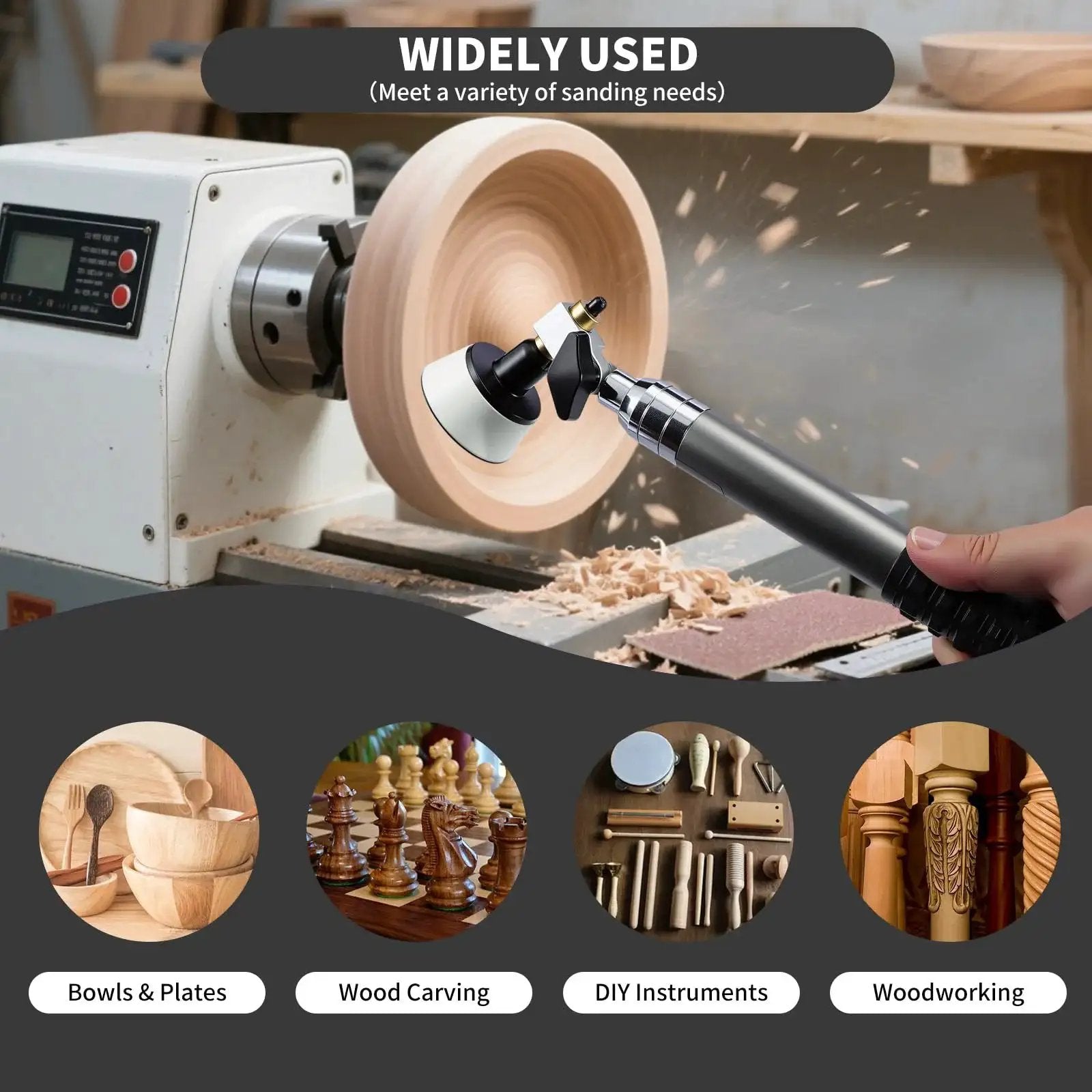 Pro Grade Dual Bearing Bowl Sander Tool Kit For Lathes With 1 Inch To 3 Inch Hook And Loop Sanding Discs in use on lathe