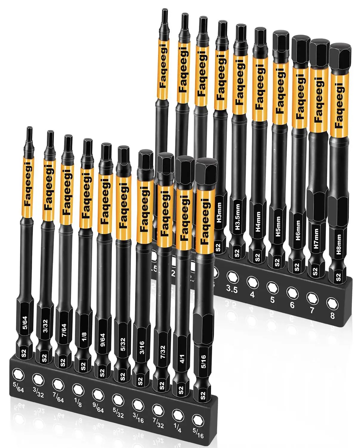 20 Piece 4 Inch Impact Hex Bit Set With Dual Metric And SAE Sizes High Torque S2 Steel Quarter Inch Hex Shank Magnetic CNC Tips For Drill And Driver Built For Tough Home And Automotive Repairs Faqeegi displayed in holders