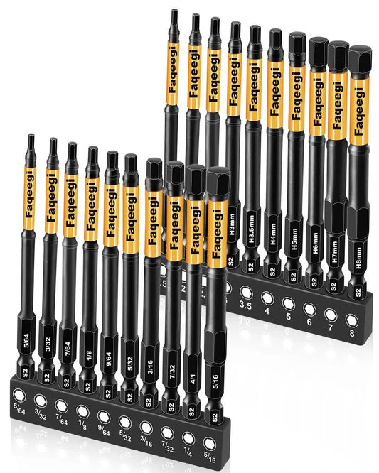 20 Piece 4 Inch Impact Hex Bit Set With Dual Metric And SAE Sizes High Torque S2 Steel Quarter Inch Hex Shank Magnetic CNC Tips For Drill And Driver Built For Tough Home And Automotive Repairs Faqeegi displayed in holders
