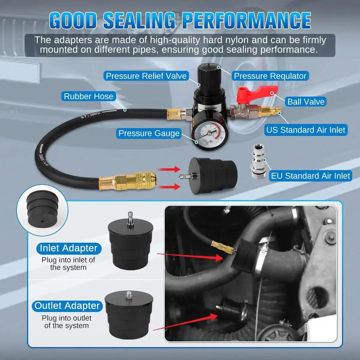 Turbo Boost Leak Tester Kit 10 Piece For Cars And Light Trucks Turbocharger Emissions And Cooling Systems shown with adapters and fittings.