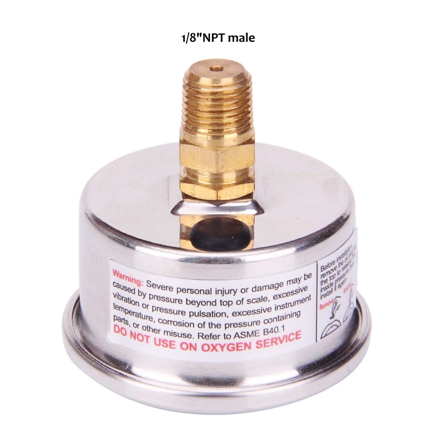 Back view of Liquid Filled Fuel Pressure Gauge, 1/8 NPT, glycerin-filled, 304 stainless steel case, brass wetted parts.