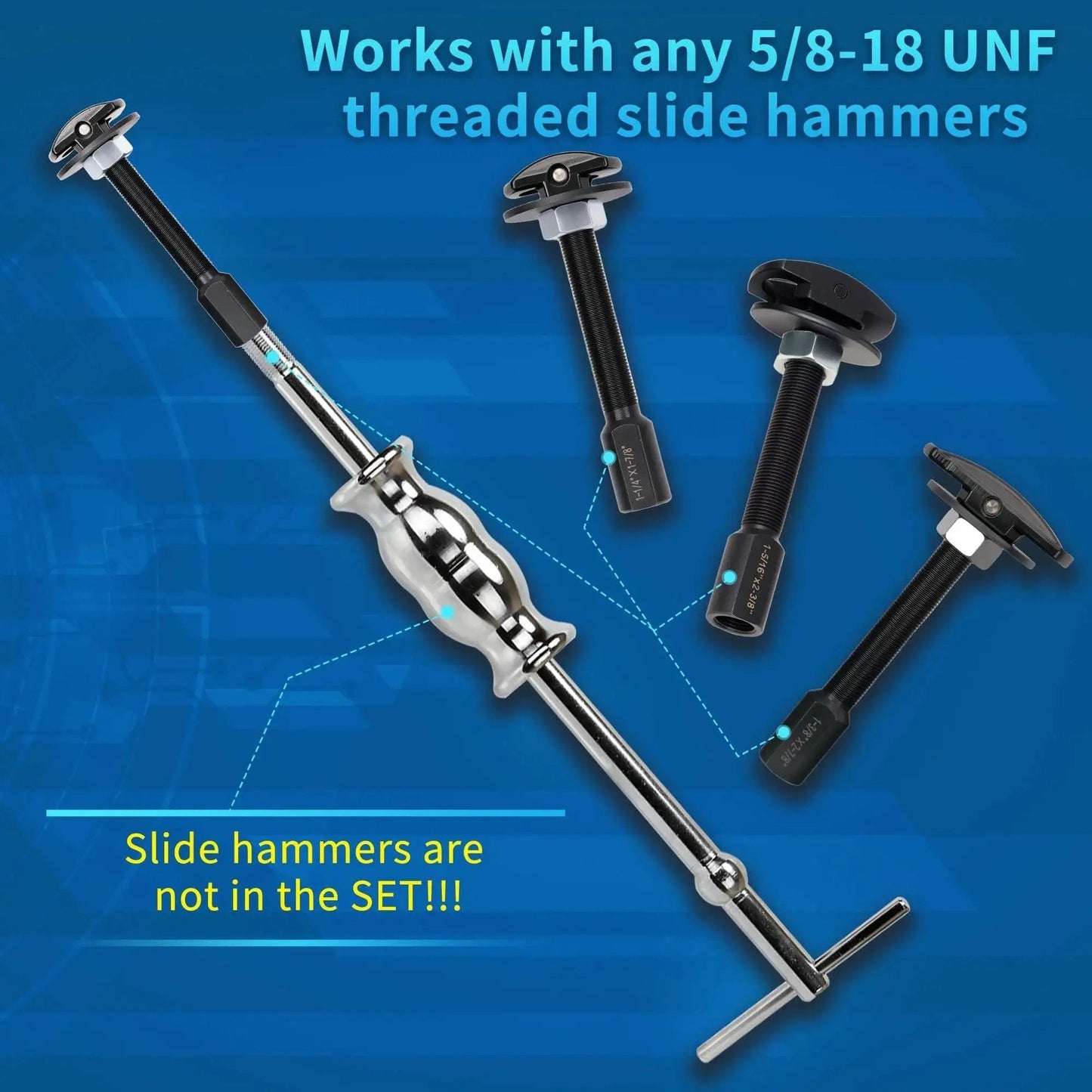 Rear Axle Bearing Puller Tool Set with attachment heads and slide hammer, shown without included slide hammers, works with 5/8-18 UNF.