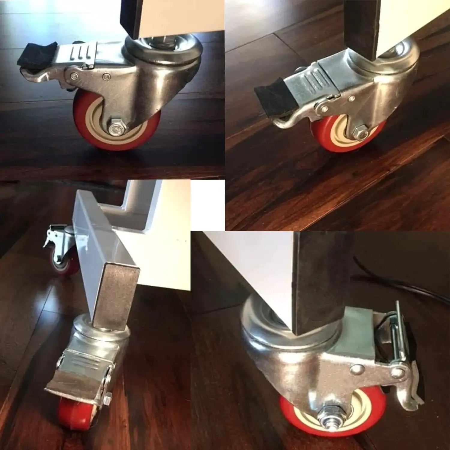 Close-up of Heavy Duty Swivel Stem Castors With Red PU Wheels Double Locking Quiet Smooth Non Marking Floor Safe Load Capacity 800-1000 Lb Metric M10-1.5x25mm Threads 2 Inch Wheels Pack Of 4 Ideal For Carts And Cabinets installed on furniture.