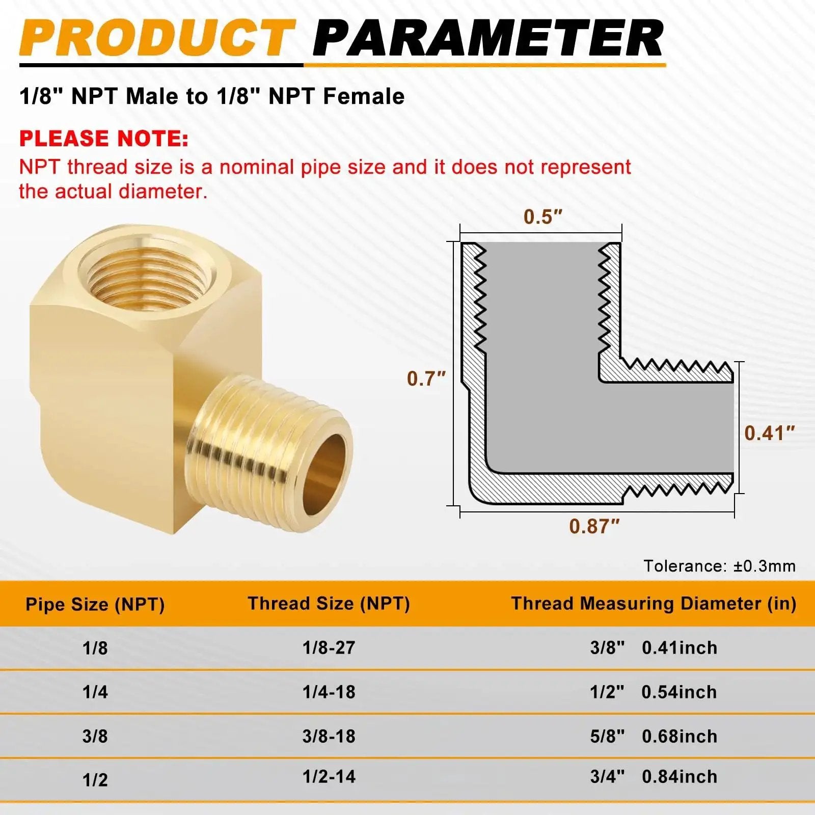 Diagram and specs of Barstock Brass Elbow Fittings One Eighth NPT Male To One Eighth NPT Female 90 Degree Street Elbow for hydraulic systems