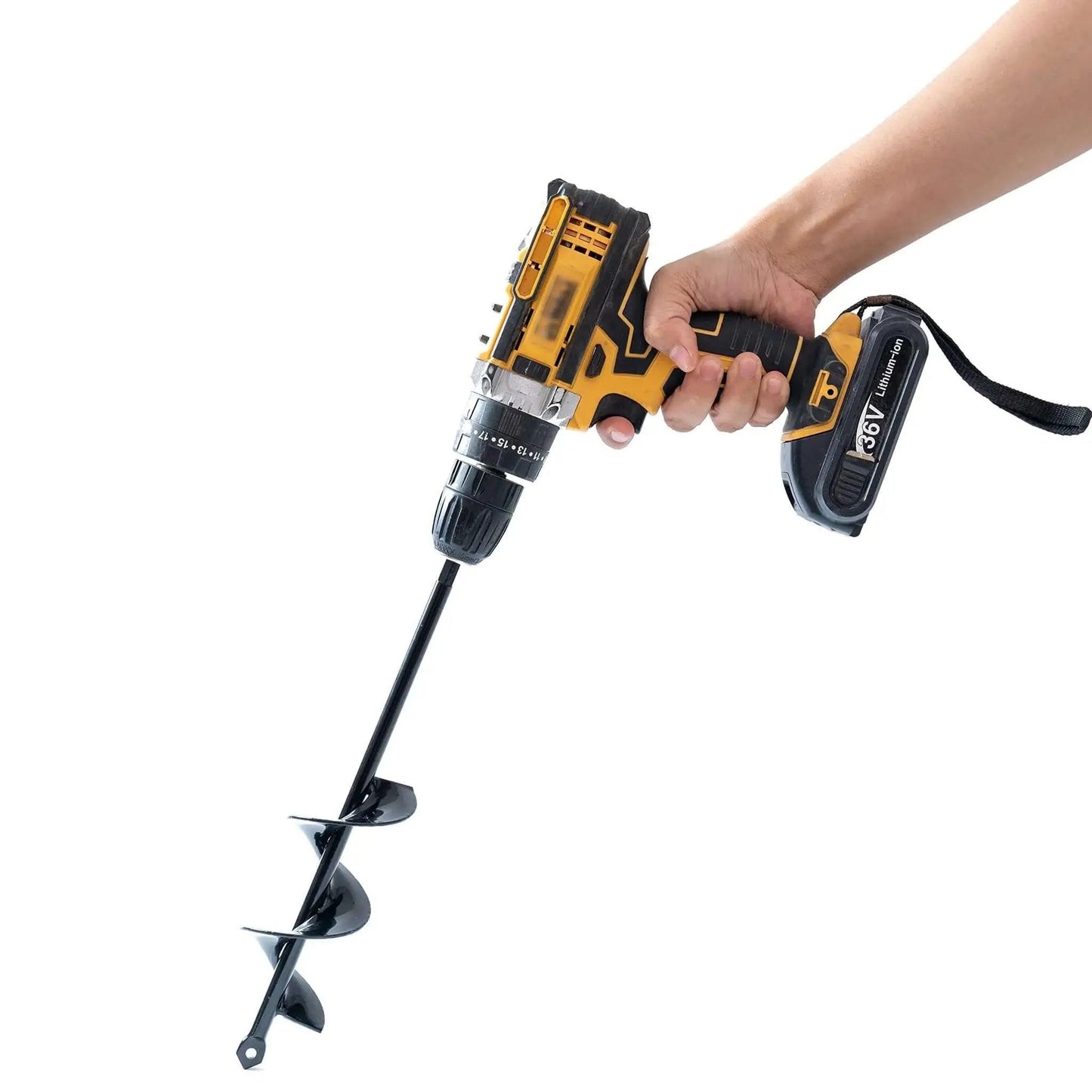 Hand holding drill with attached Set Of 4 Bulb Planting Auger Bits For Drill Three Eighths Inch Hex Drive 1.6x9 2.4x12 3.2x16 And 4x16 Inches Digs