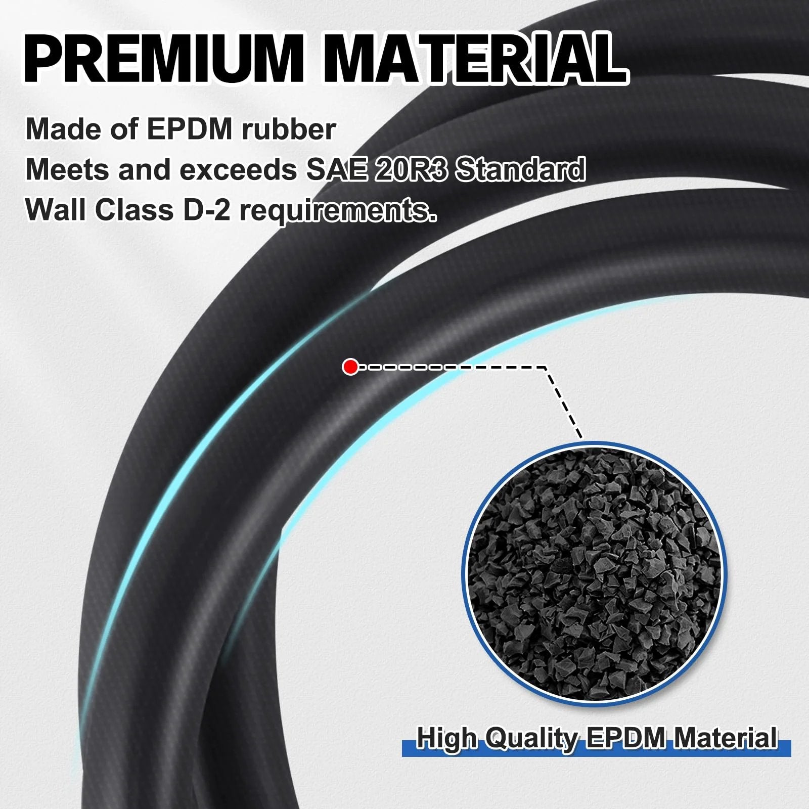 Close-up of EPDM hose material for Five Eighth Inch Heater Hose for Water Coolant and Fuel Systems, SAE J20R3 D2 certified.