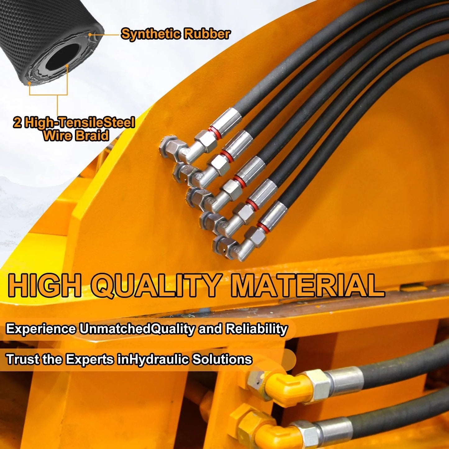 Heavy Duty Hydraulic Hose Three Eighth Inch By Fifty Foot Length With Ten JIC Thirty Seven Degree Female And NPF Male Fittings, 4800 Psi Rated Steel Wire Braided, Oil Weather Ozone Wear Resistant For Industrial Construction And Agriculture featured in an industrial setting with multiple hoses connected to equipment