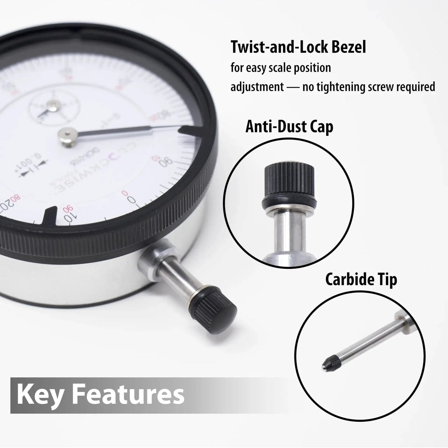 Close-up of Accurate Dial Indicator With Magnetic Base Stand DIMR-0105 showing twist-lock bezel, anti-dust cap, and carbide tip.