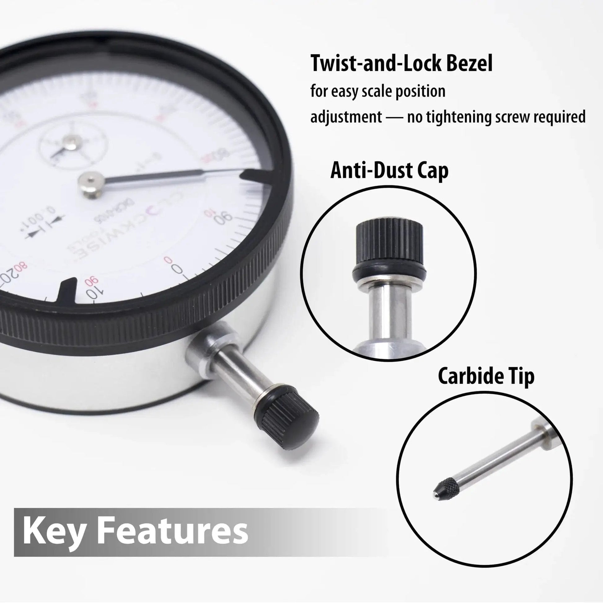 Close-up of Accurate Dial Indicator With Magnetic Base Stand DIMR-0105 showing twist-lock bezel, anti-dust cap, and carbide tip.