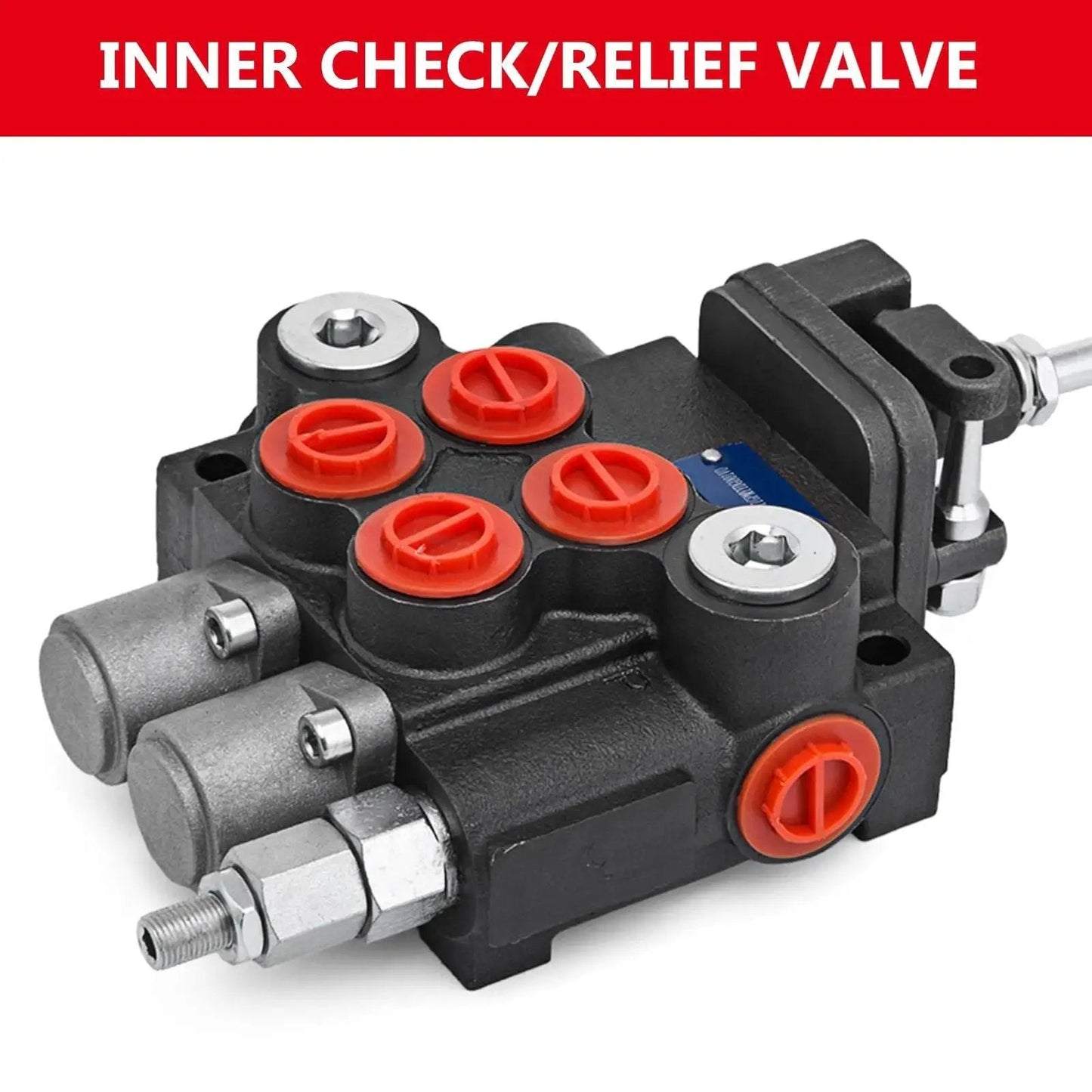 Close-up of Heavy Duty Dual Spool Hydraulic Joystick Control Valve featuring inner check/relief valve, durable steel construction, compact design.