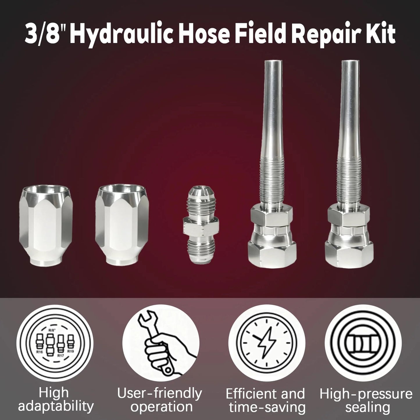 Two Pack Three Eighths Inch Hydraulic Hose Repair Kit With Two Wire Reusable Fittings Broad Compatibility For R2 R16 R17 And R19 Braided Hoses Quick Durable Fix For Damaged Three Eighths Inch Hydraulic Lines, showing kit components on a red background.