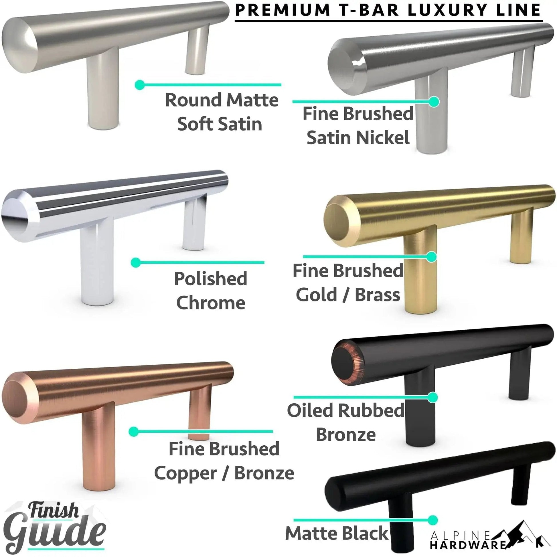 Collection of premium T-bar handles in various finishes, including polished chrome, oiled rubbed bronze, and matte black.