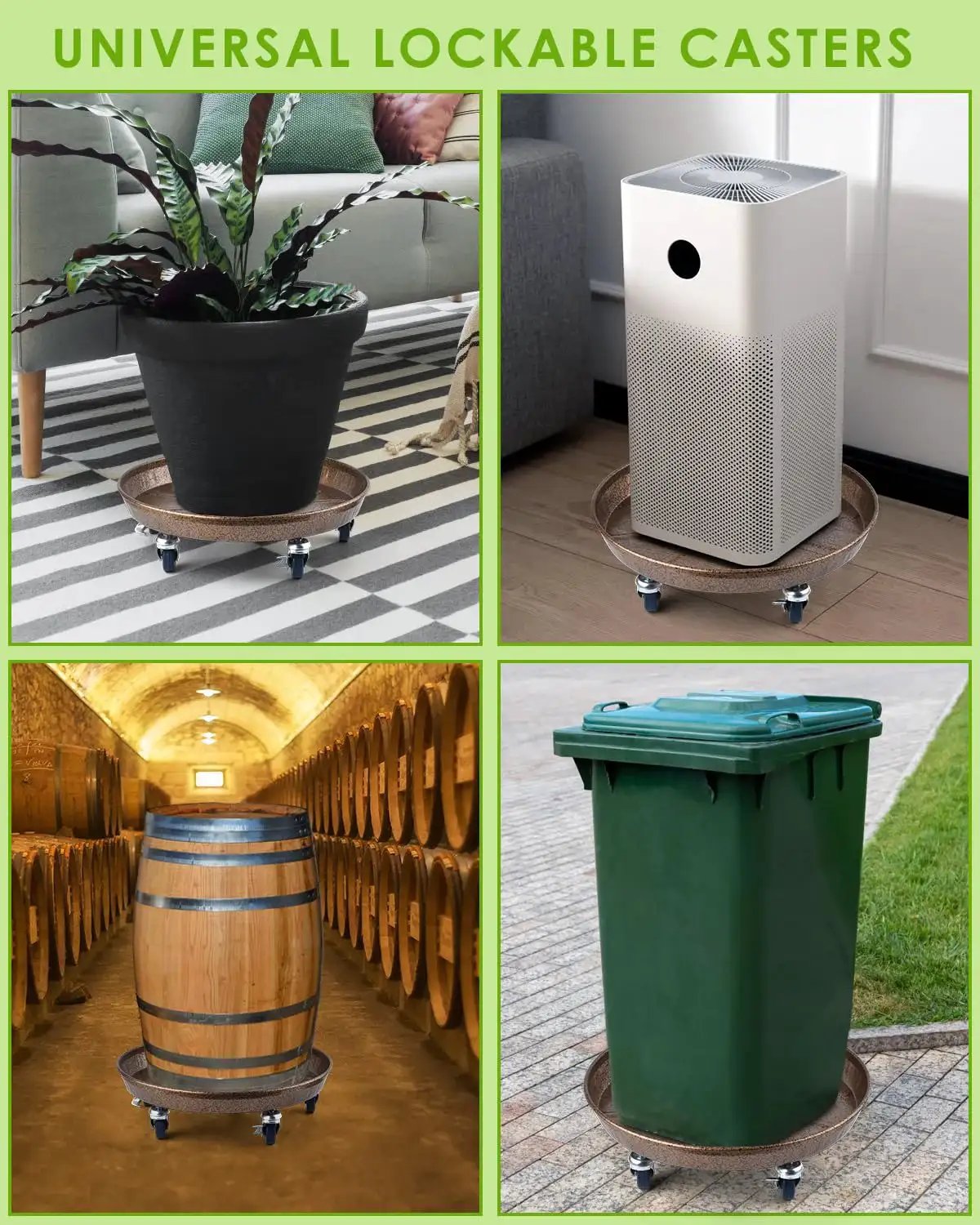2 Pack 15.7 Inch Large Plant Stand With Lockable Wheels shown with pot, air purifier, barrel, and garbage bin on casters