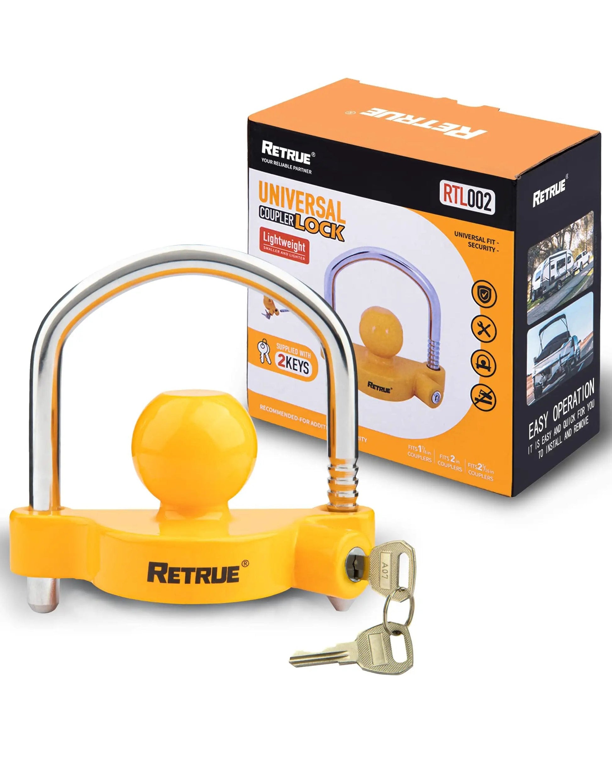 Heavy Duty Universal Trailer Coupler Lock Fits 1-7/8 Inch 2 Inch and 2-5/16 Inch Hitches Yellow Finish Includes 2 Keys Theft Deterrent and Easy Lock Up with keys and box.
