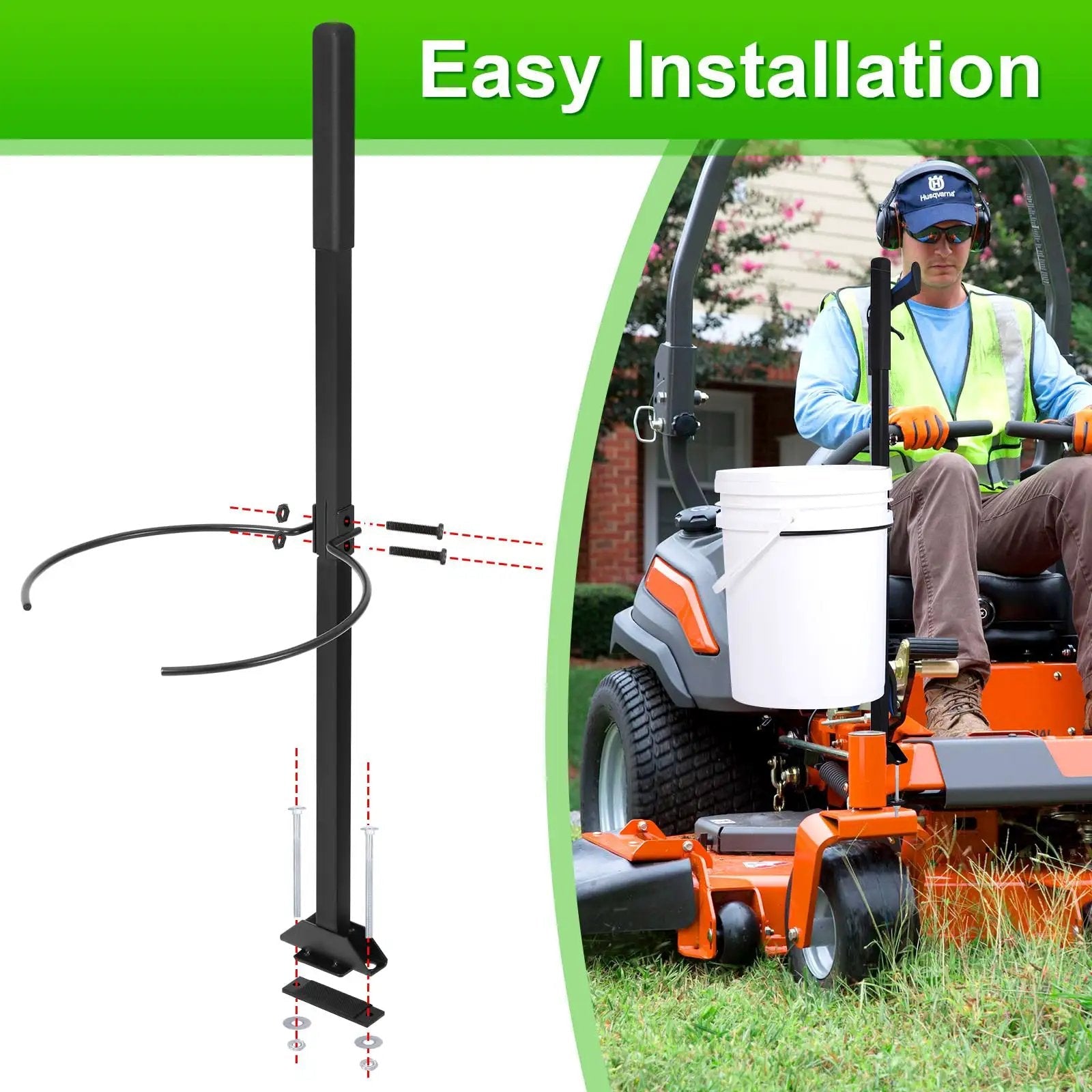 Zero Turn Mower Handle With 5 Gallon Bucket Bracket And Clip For Outdoor Yard Cleanup, CAROD Heavy Duty Lawn Mower Accessories