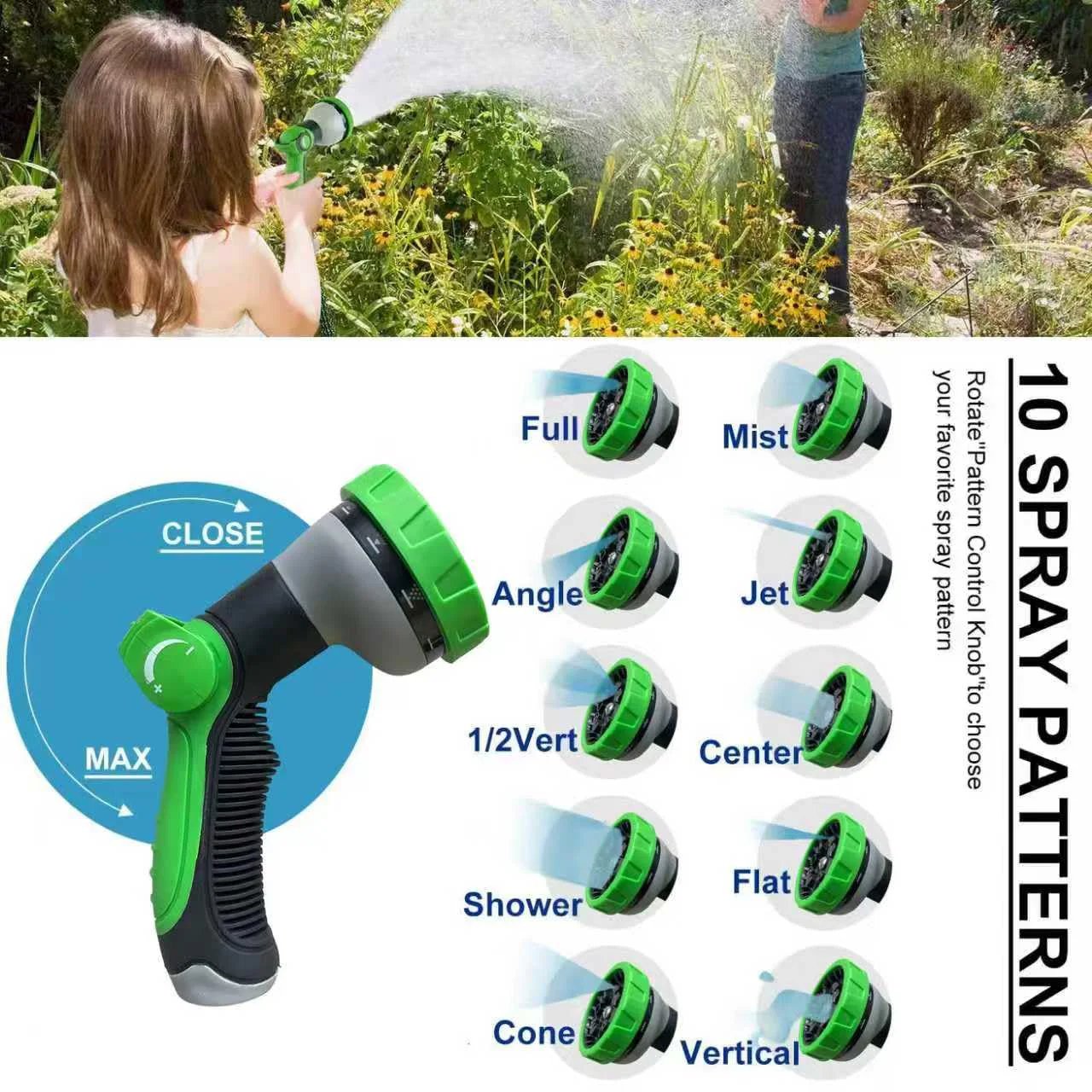 Image of a child using a garden hose with jet nozzle demonstrating 10 spray patterns for optimal garden watering.