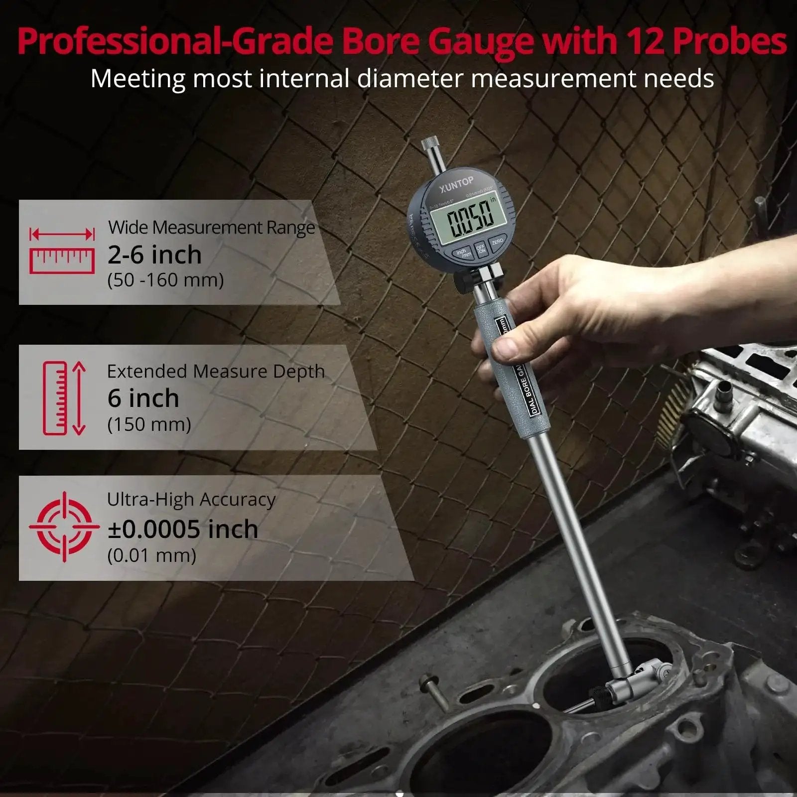 Digital Bore Gauge Set 2-6 Inch Range 50-160mm With LCD Display, 0.0005 Inch 0.01mm Precision used in engine cylinder