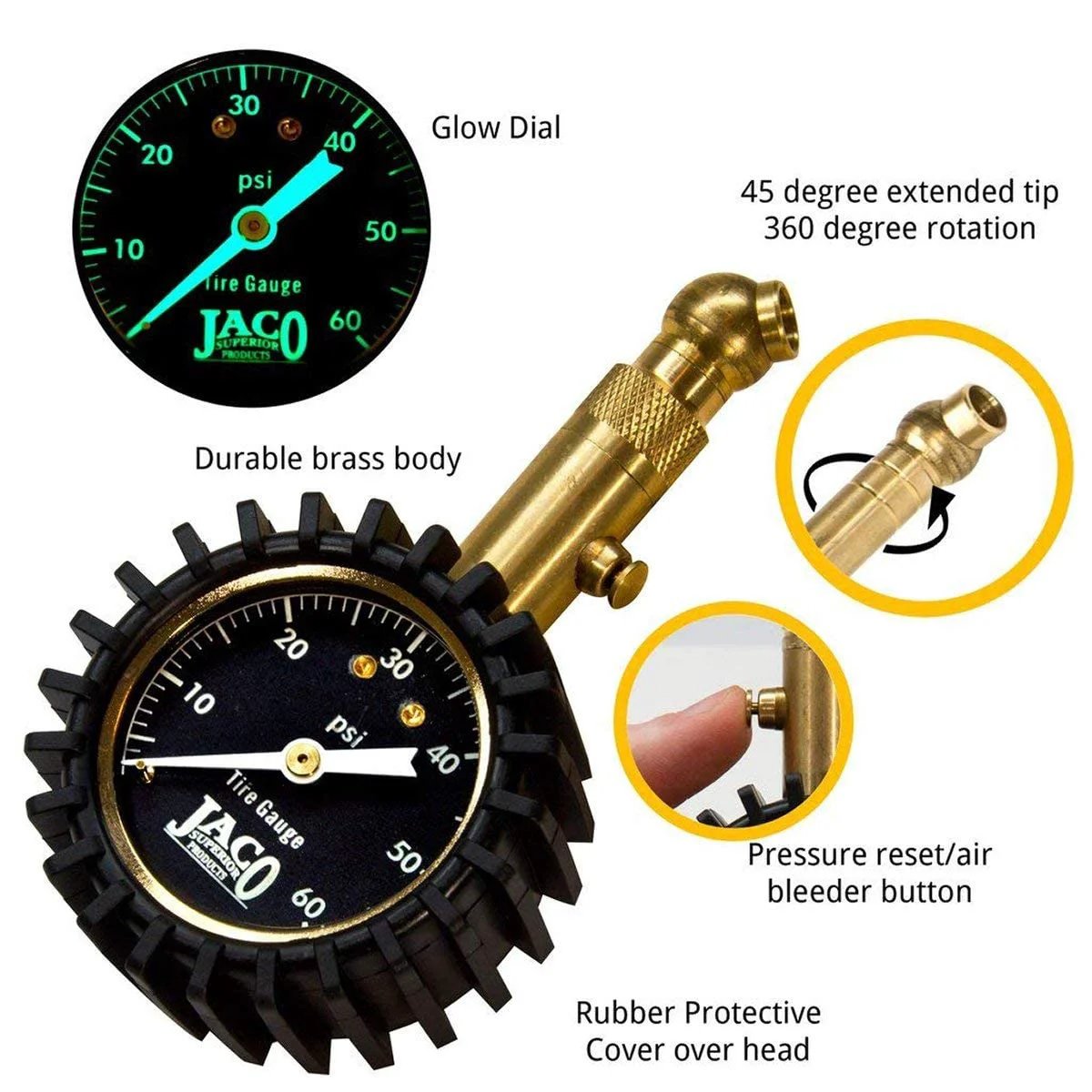 Go To Tire Pressure Gauge For Cars And Trucks JACO 60 Psi Durable Brass Shielding Mechanic Tested No Batteries ANSI Certified