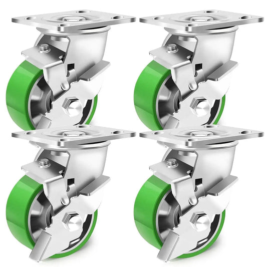 4 Inch Heavy Duty Industrial Grade Caster Set Of 4 With Swivel Casters And Brake, Maintenance Free Aluminum Core PU Wheels