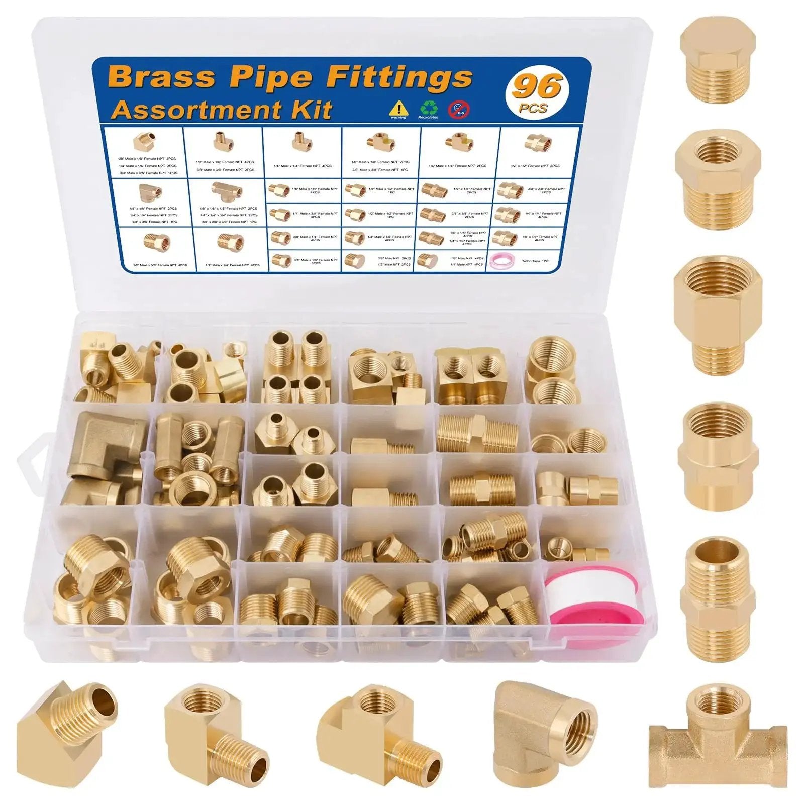 All In One Brass Pipe Fittings Kit With 96 Piece Set For DIY Plumbing Projects Featuring NPT Adapters Reducers Hex Bushings Nipples