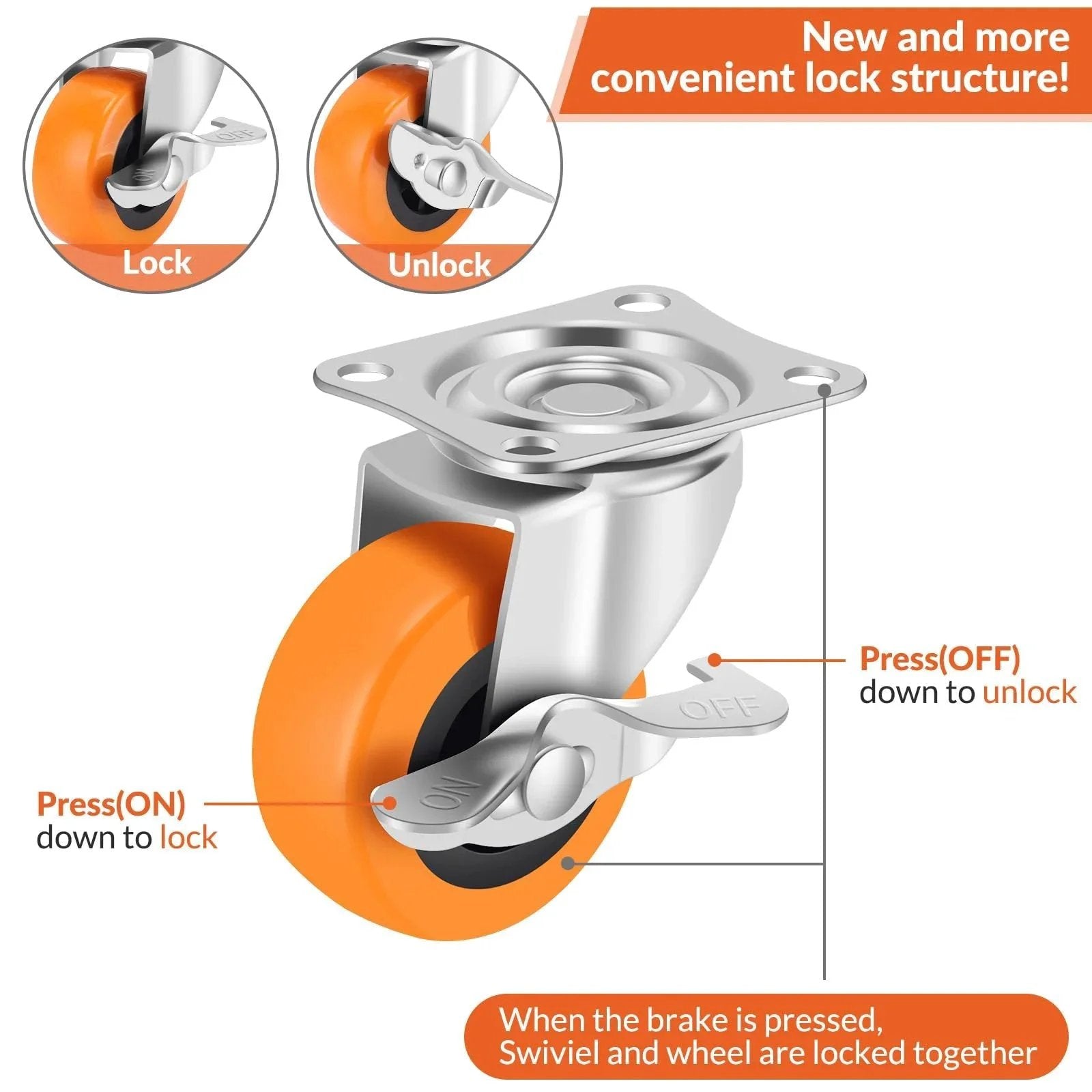 2.5 Inch Heavy Duty Caster Wheels Set of 4 with Brakes for Furniture Carts and Workbenches Swivel Top Plate shown in lock and unlock mode.