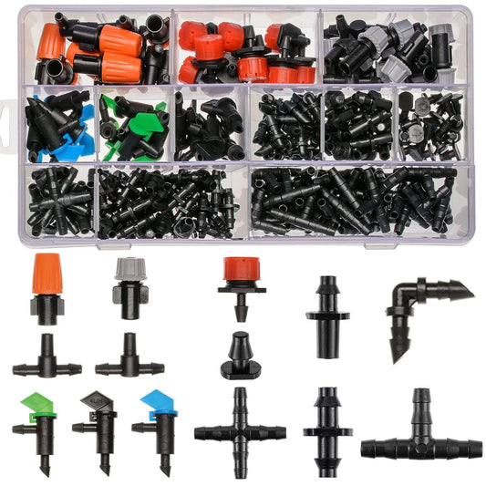 204 Pcs Barbed Irrigation Fittings Kit For Drip System One Quarter Inch Tubing Includes Straight Barbs Tees Elbows End Plugs And 4 Way Coupling Easy To Store And Install No Tools Needed For Garden Pots Lawns And Flower Beds
