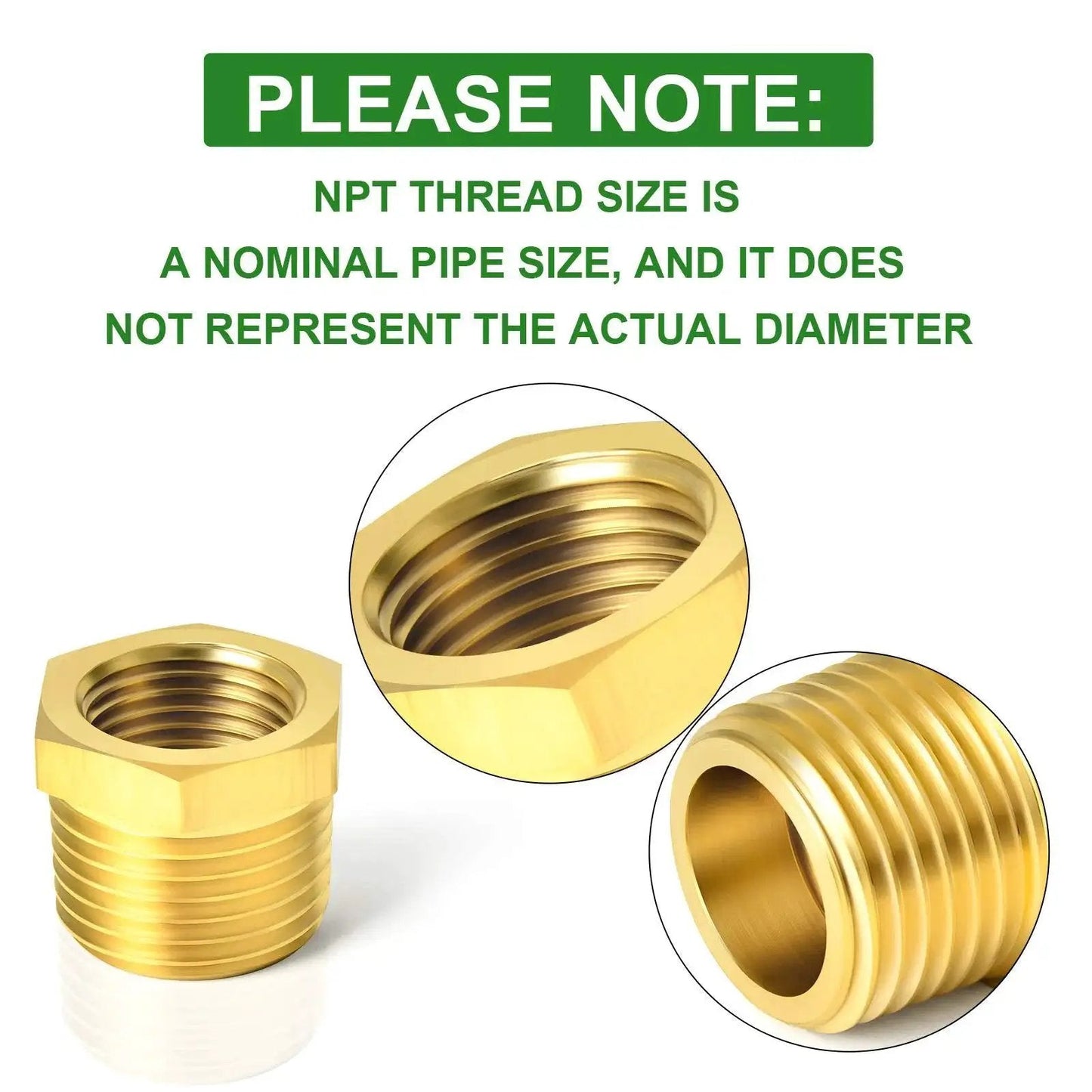 Brass Reducer Hex Bushing Pipe Fitting One Inch NPT Male To Three Quarter Inch NPT Female Adapter 2 Pack with size note